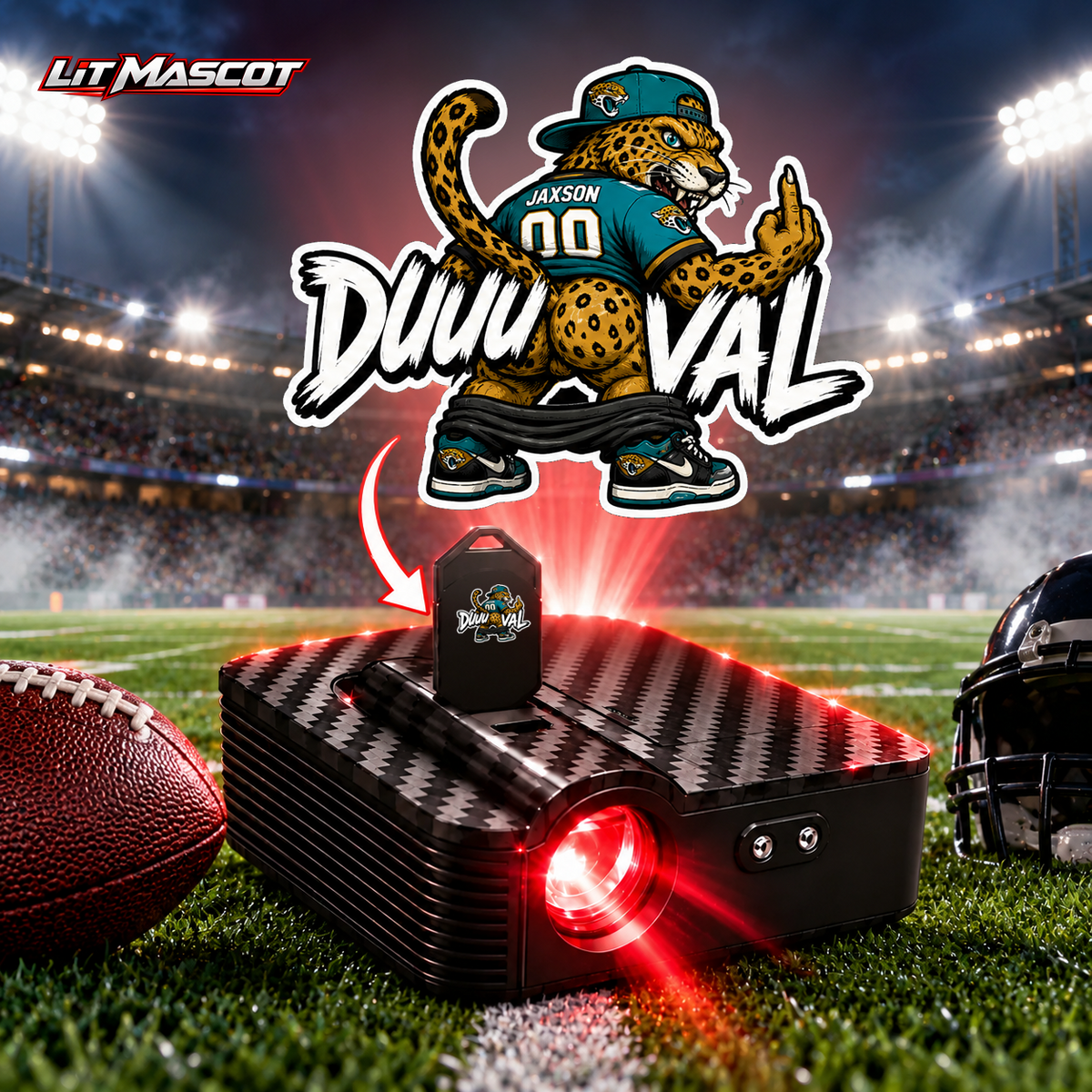 DUUUVAL mascot projector light - Full Moon glowing over the Lit Mascot door projector