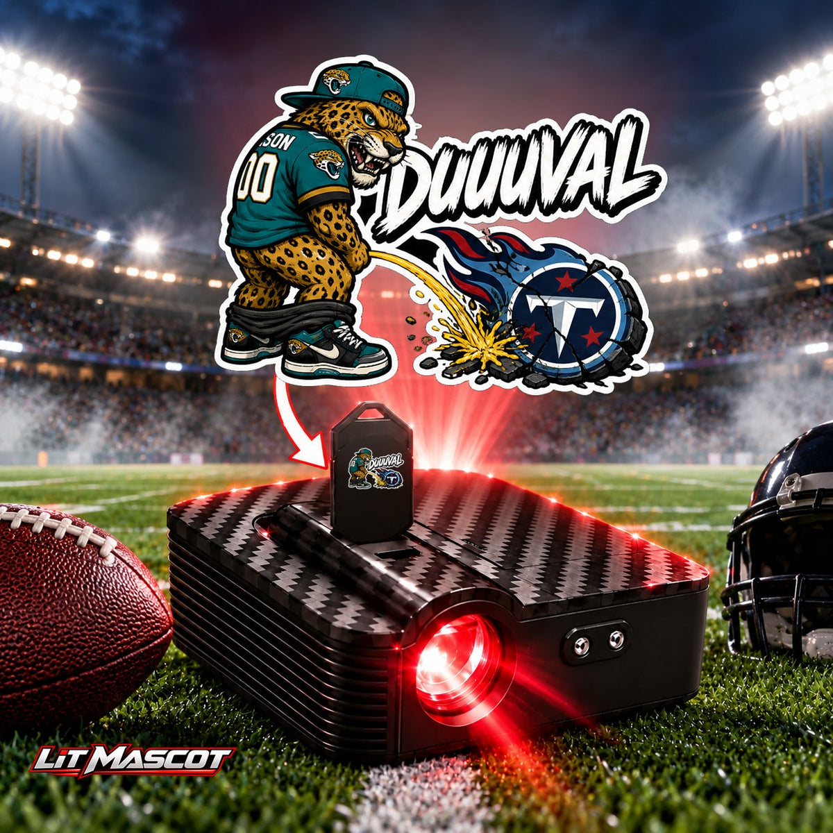 DUUUVAL mascot projector light - Star Shower glowing over the Lit Mascot door projector