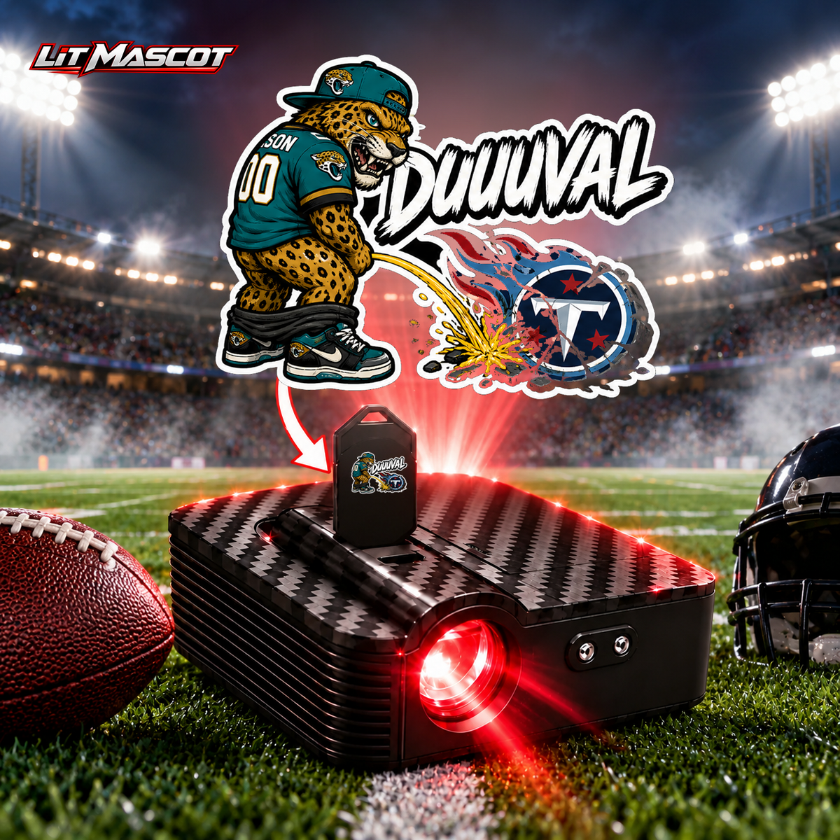 DUUUVAL mascot projector light - Star Shower glowing over the Lit Mascot door projector
