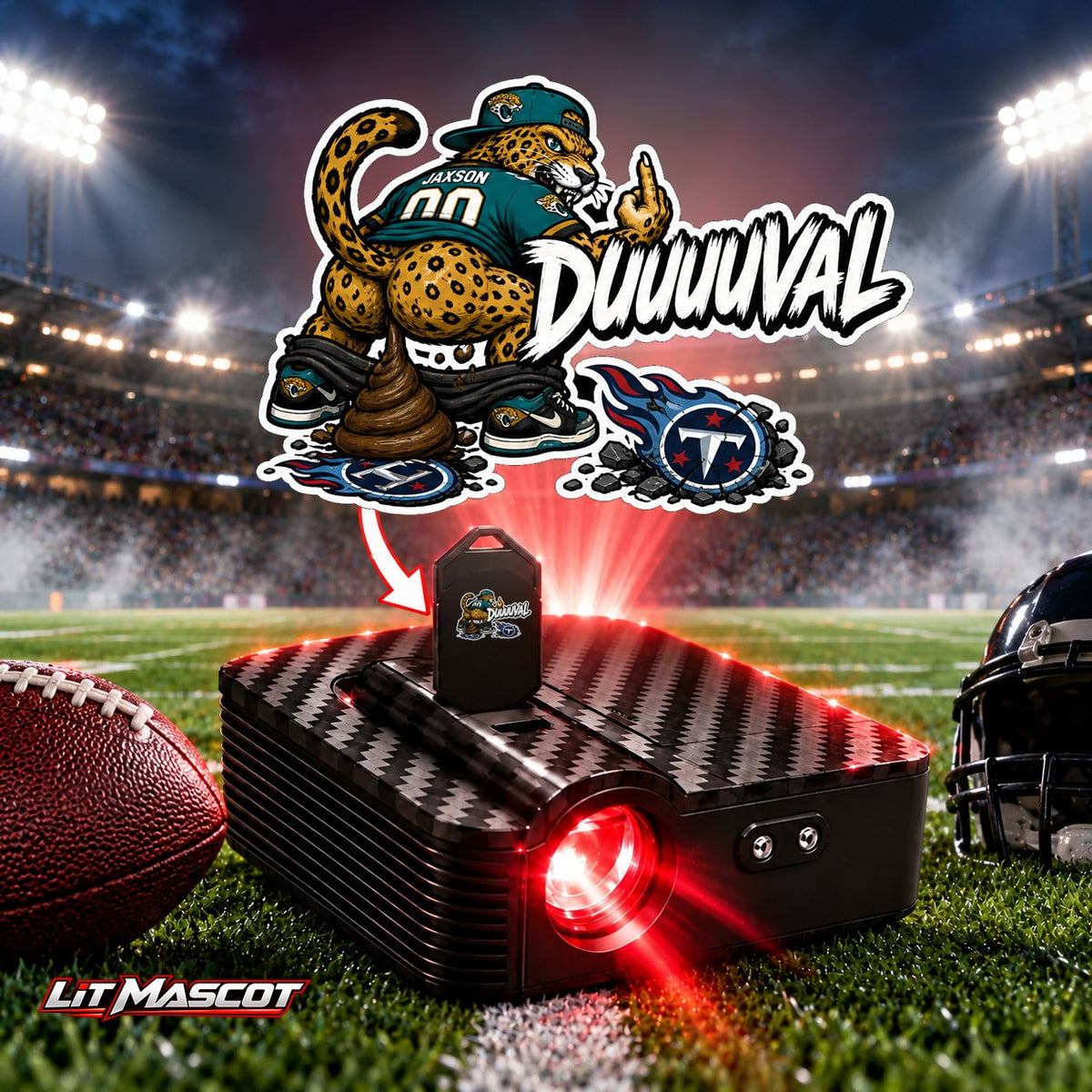 DUUUVAL mascot projector light - Bombs Away glowing over the Lit Mascot door projector