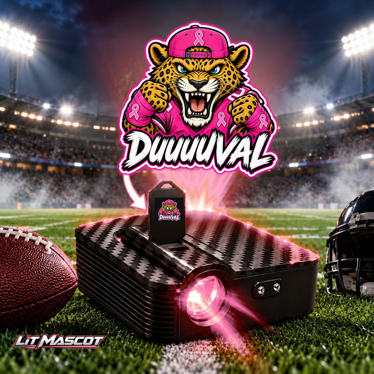 DUUUVAL mascot projector light - Pink Fighter glowing over the Lit Mascot door projector
