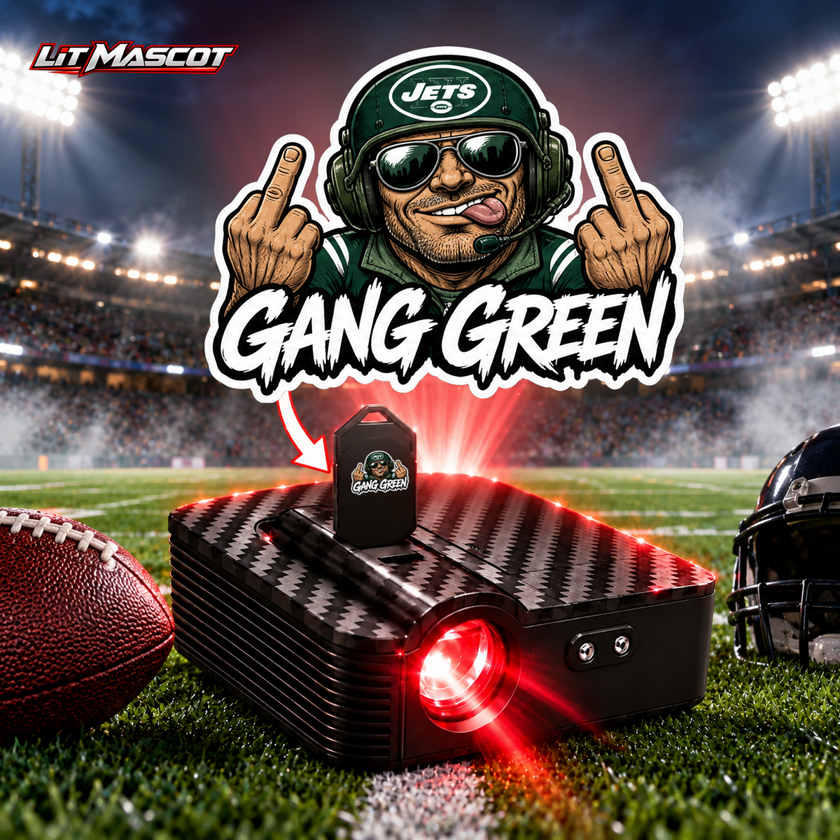 Gang Green mascot projector light - Double Birds glowing over the Lit Mascot door projector