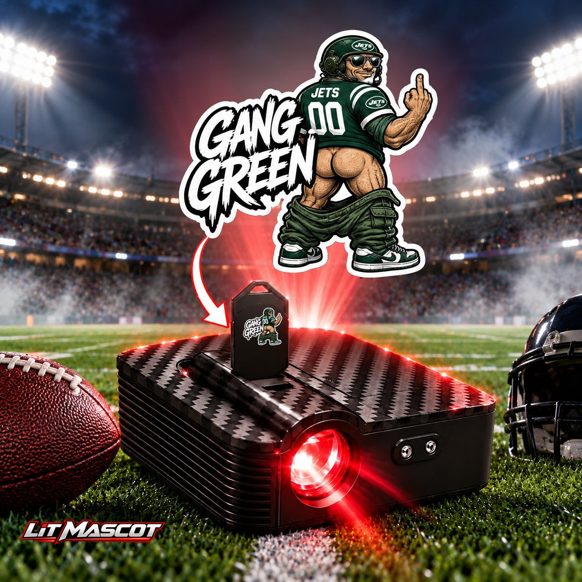 Gang Green mascot projector light - Full Moon glowing over the Lit Mascot door projector