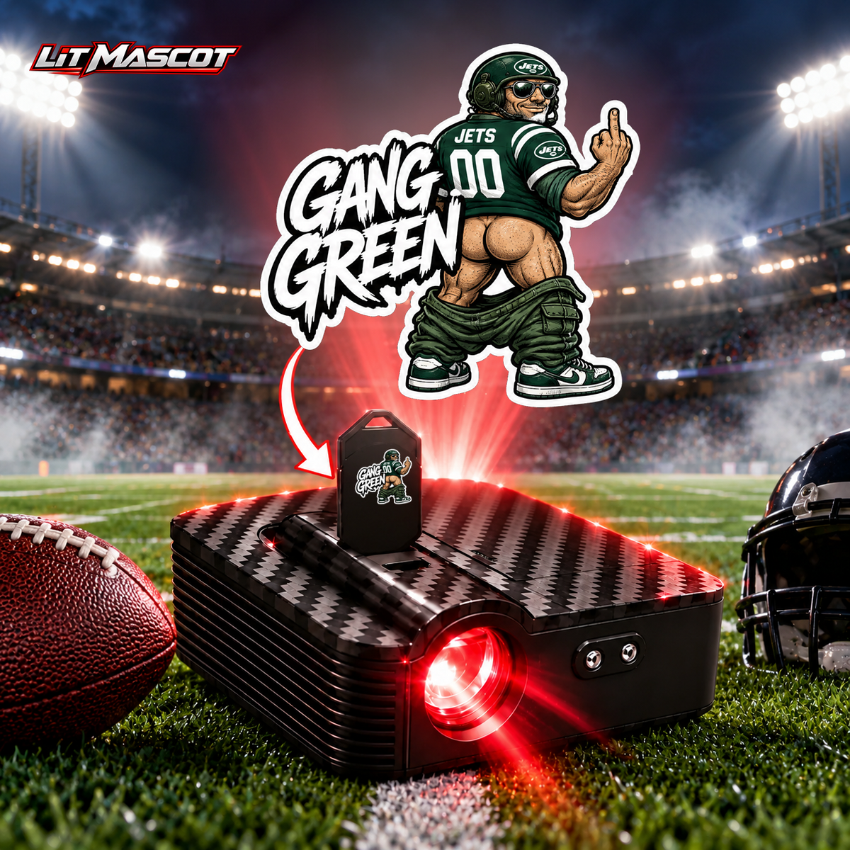 Gang Green mascot projector light - Full Moon glowing over the Lit Mascot door projector