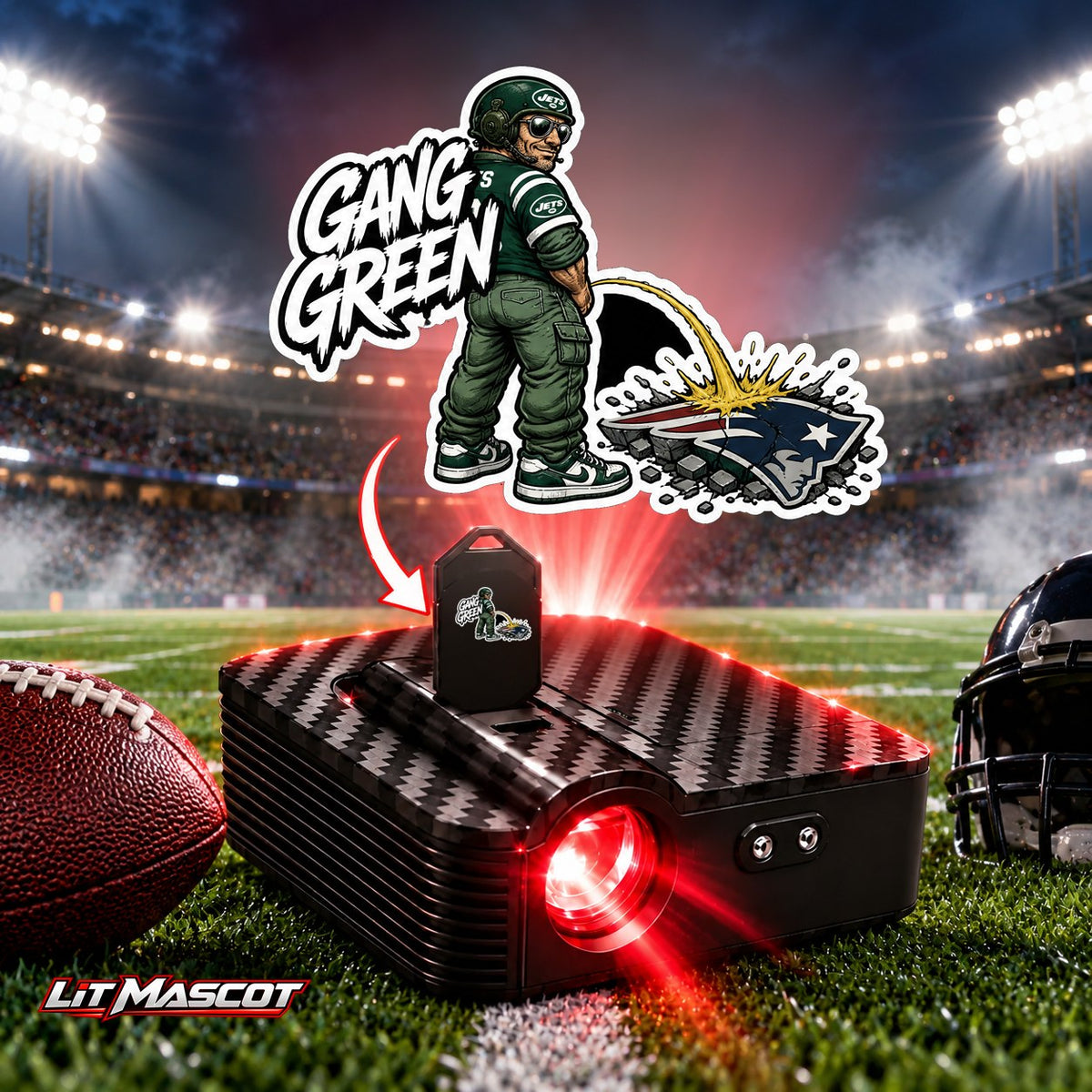 Gang Green mascot projector light - Star Shower glowing over the Lit Mascot door projector