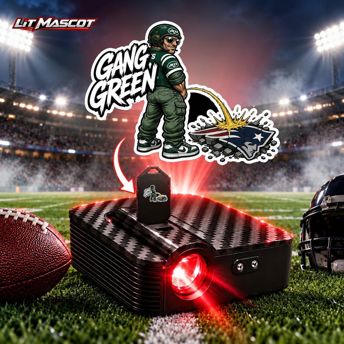 Gang Green mascot projector light - Star Shower glowing over the Lit Mascot door projector