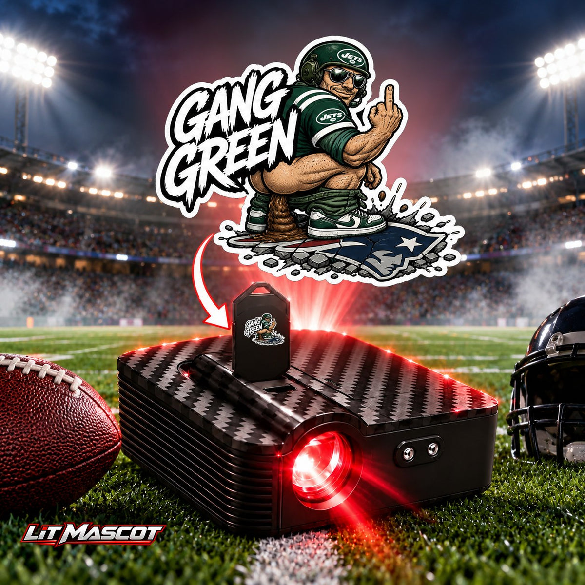 Gang Green mascot projector light - Bombs Away glowing over the Lit Mascot door projector