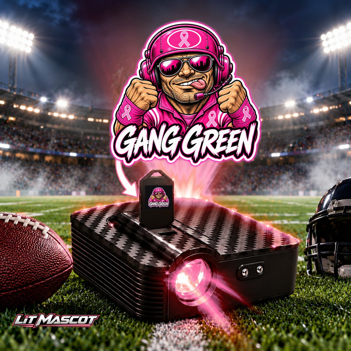 Gang Green mascot projector light - Pink Fighter glowing over the Lit Mascot door projector