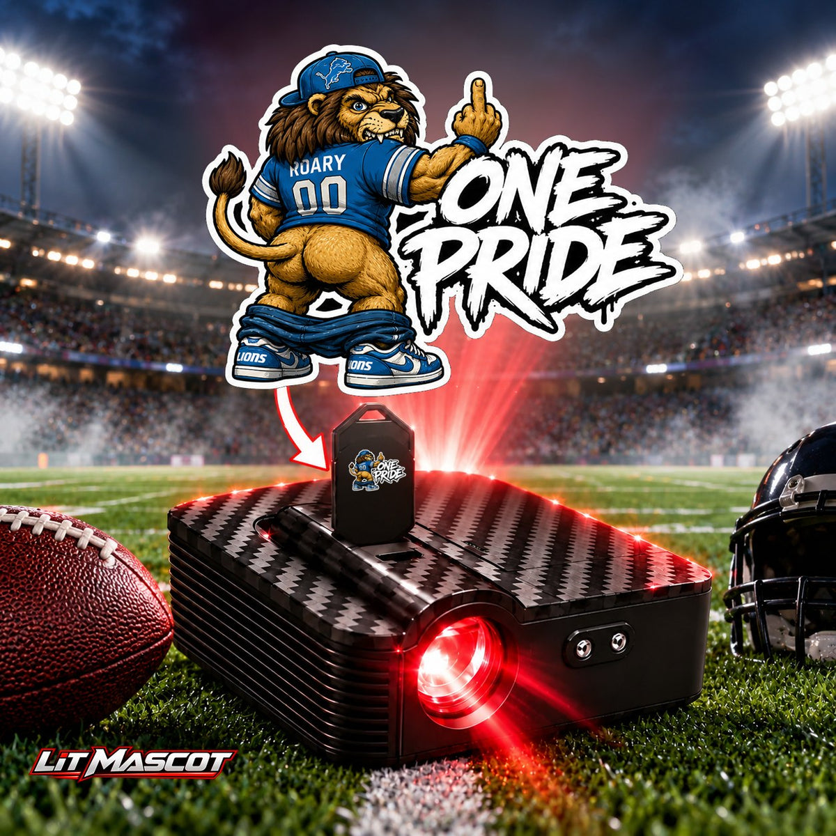 One Pride mascot projector light - Full Moon glowing over the Lit Mascot door projector