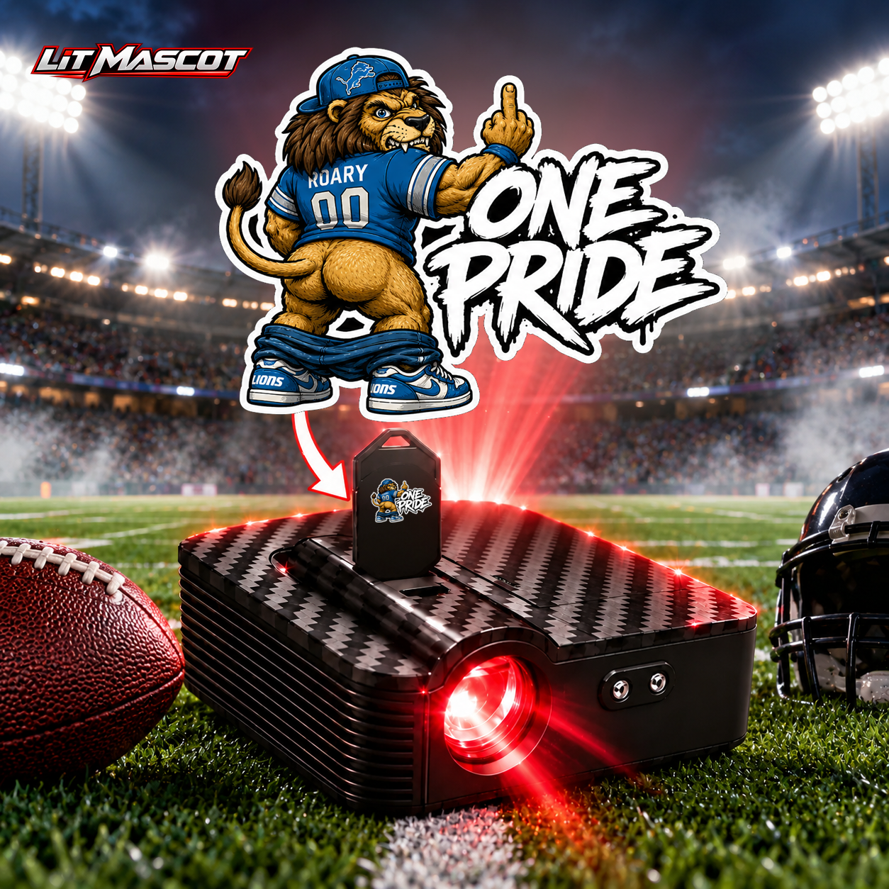 One Pride mascot projector light - Full Moon glowing over the Lit Mascot door projector