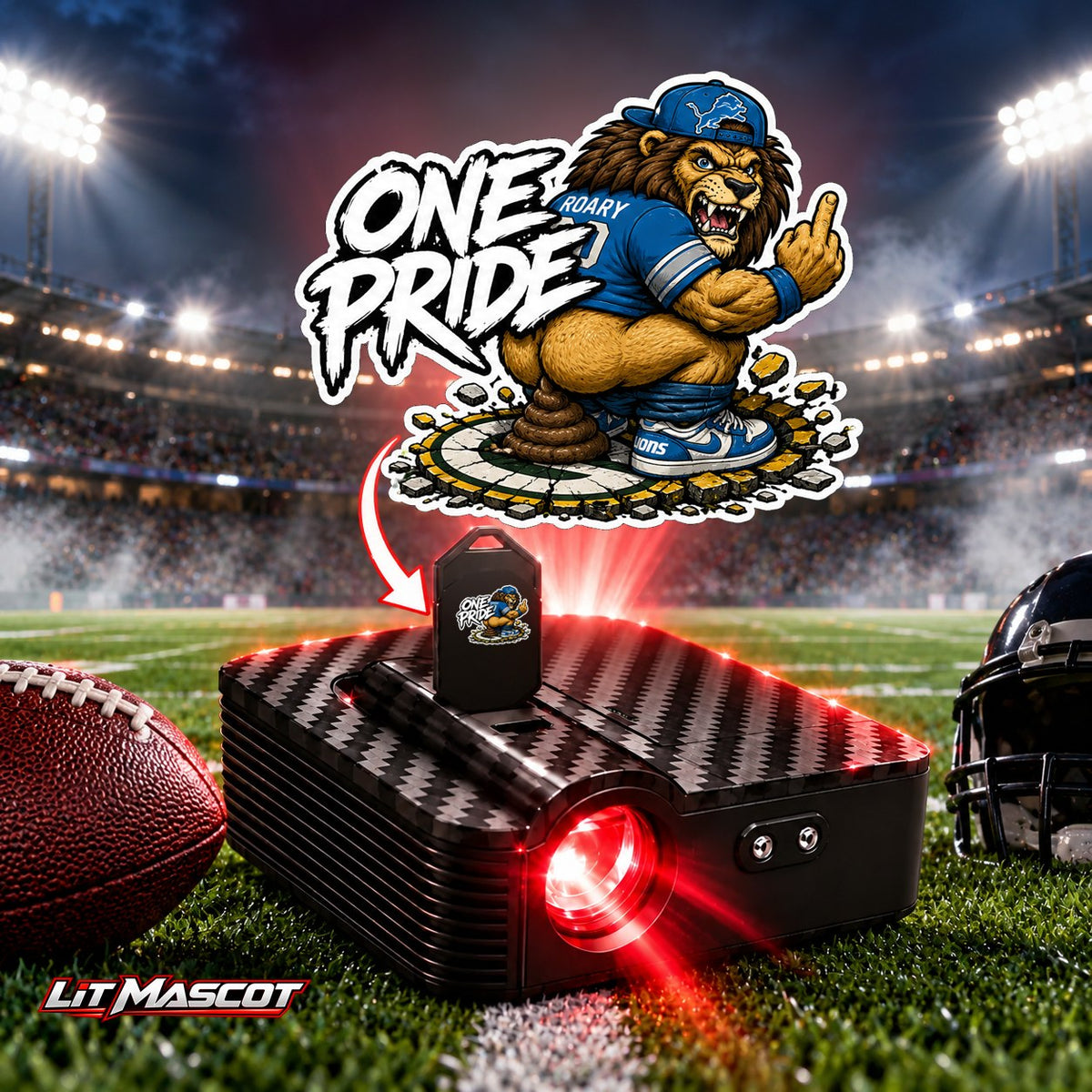 One Pride mascot projector light - Bombs Away glowing over the Lit Mascot door projector