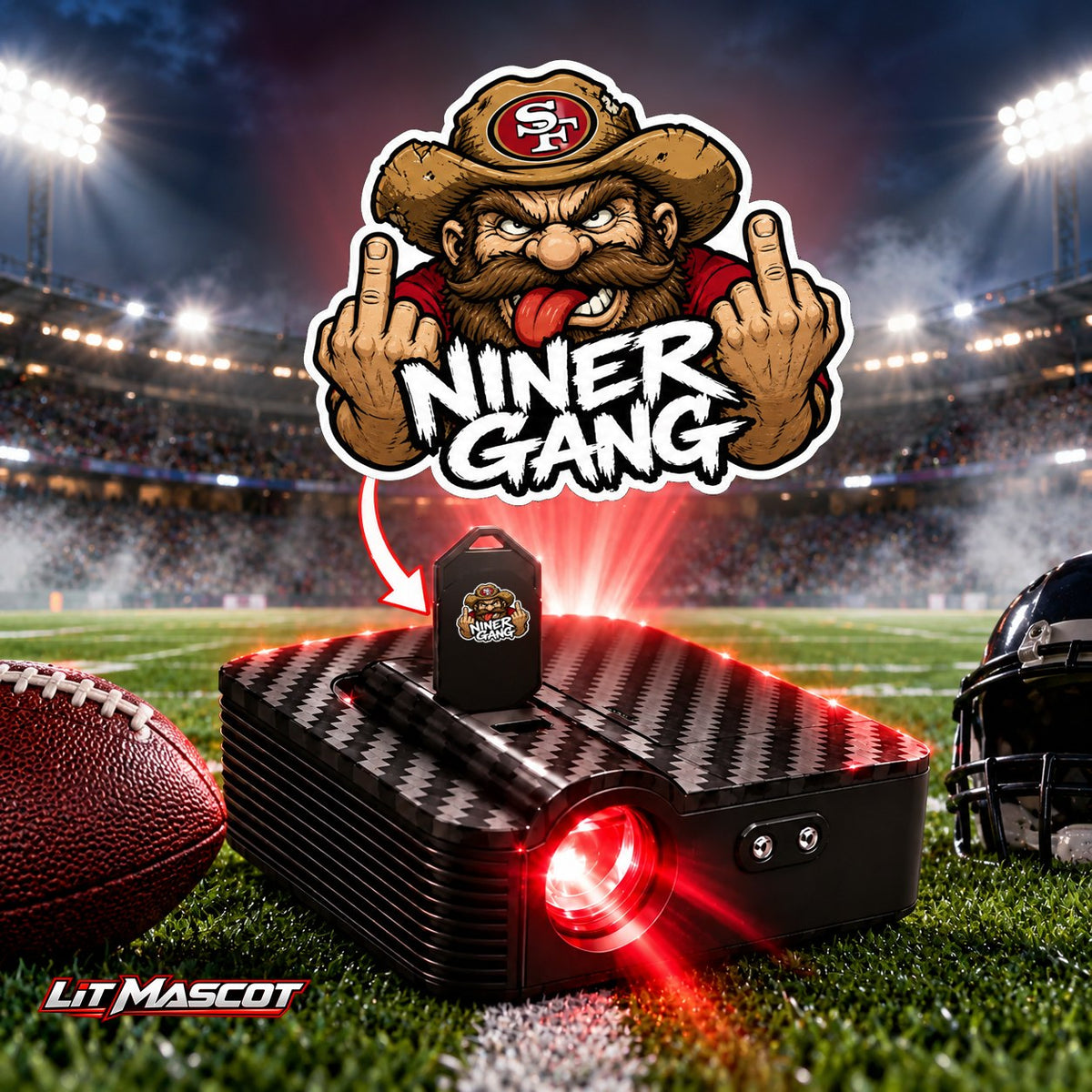 Niner Gang mascot projector light - Double Birds glowing over the Lit Mascot door projector