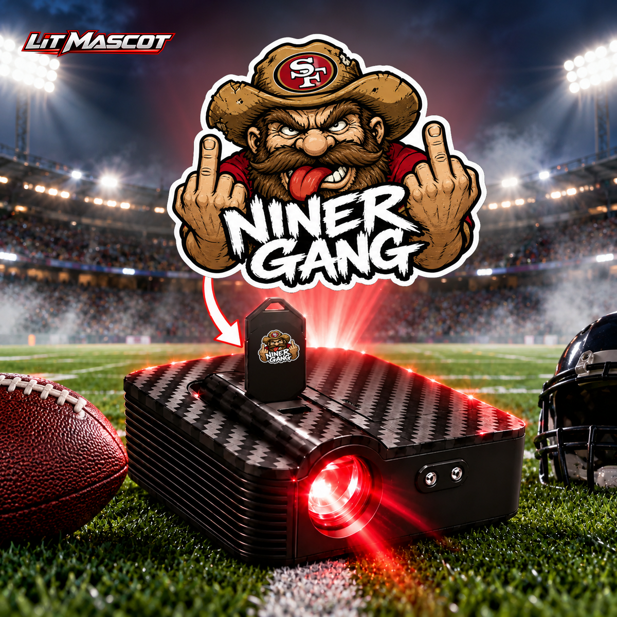Niner Gang mascot projector light - Double Birds glowing over the Lit Mascot door projector