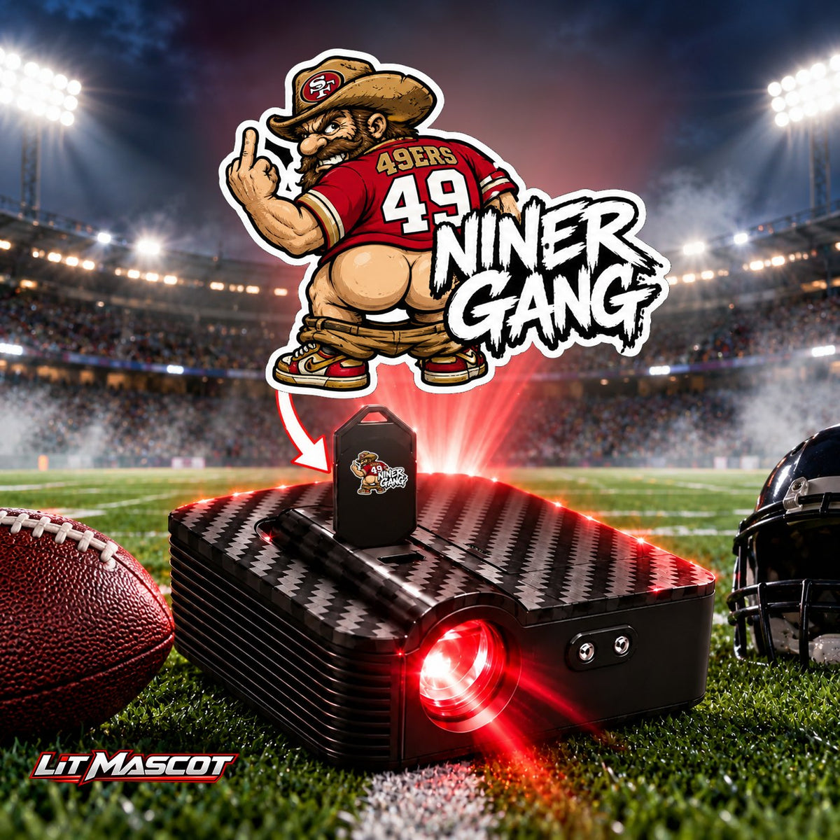 Niner Gang mascot projector light - Full Moon glowing over the Lit Mascot door projector