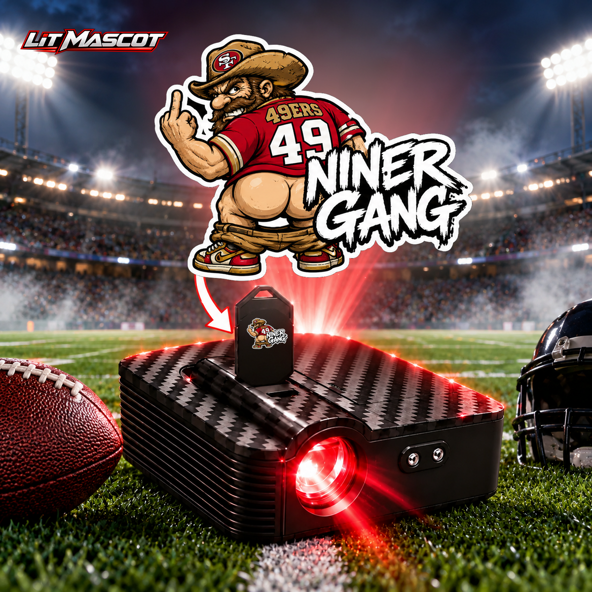 Niner Gang mascot projector light - Full Moon glowing over the Lit Mascot door projector