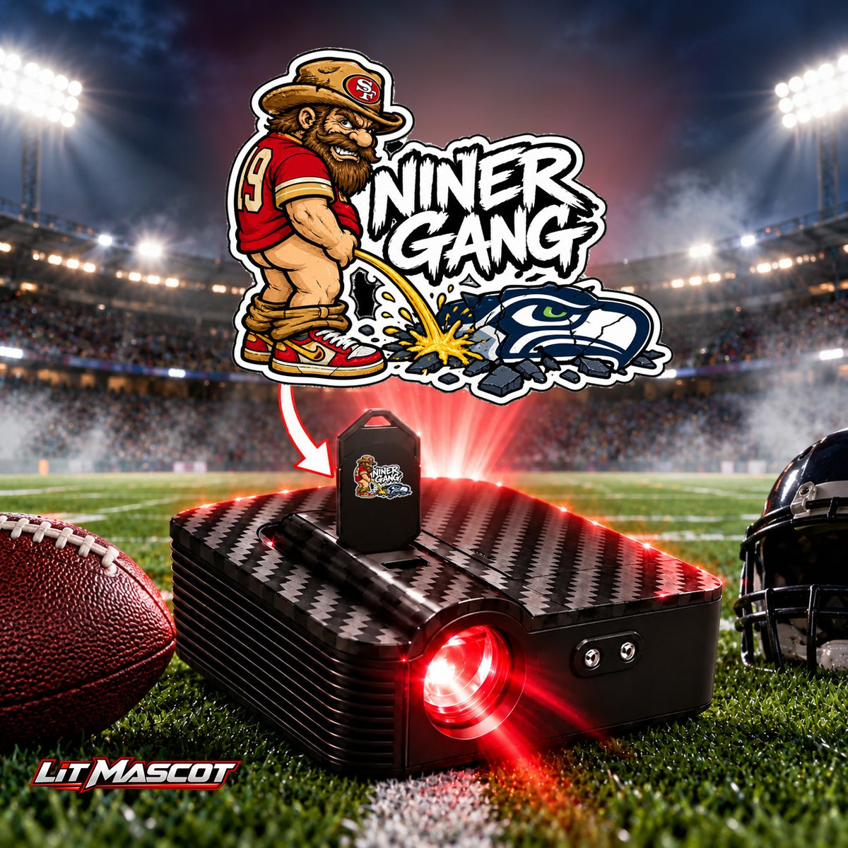 Niner Gang mascot projector light - Star Shower glowing over the Lit Mascot door projector