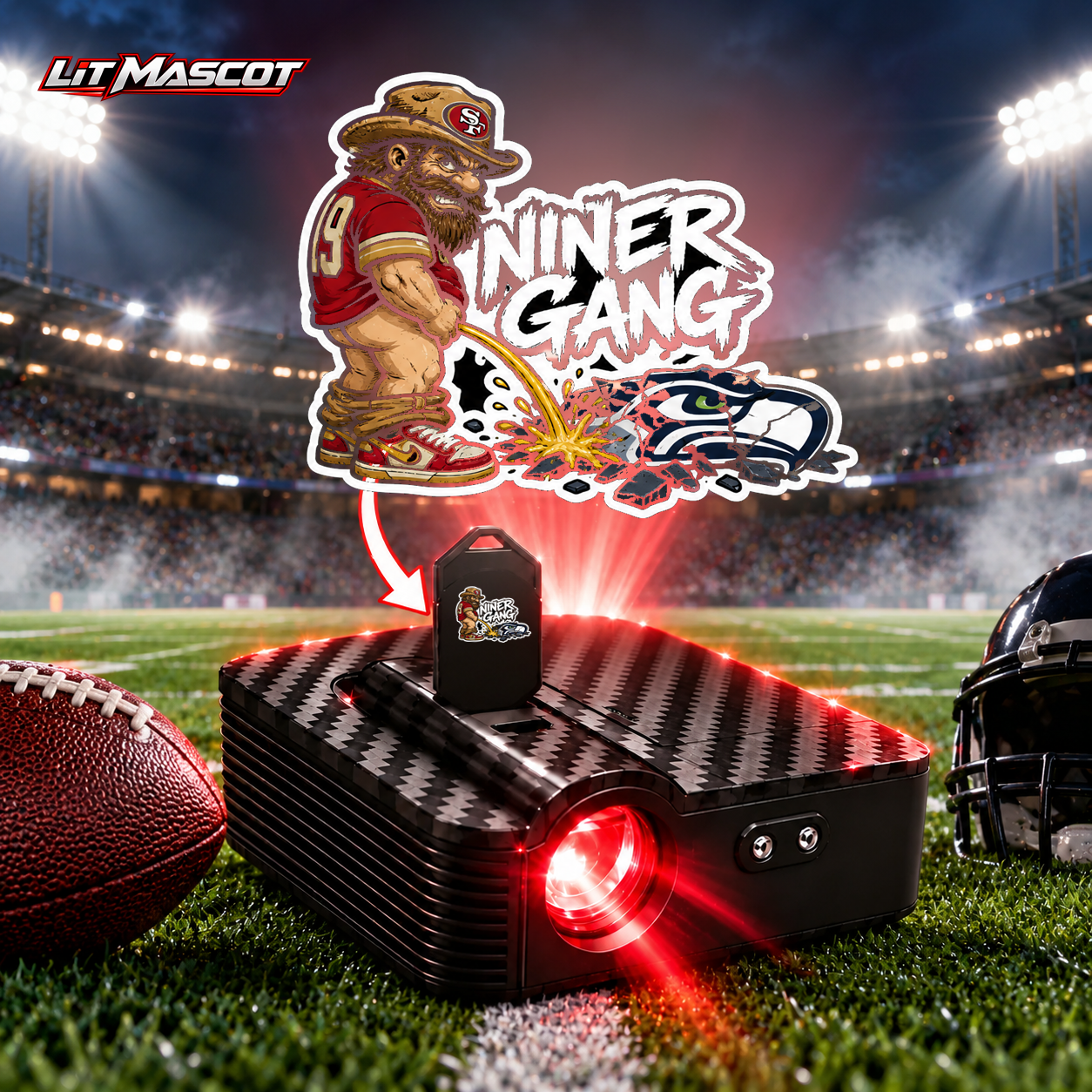 Niner Gang mascot projector light - Star Shower glowing over the Lit Mascot door projector
