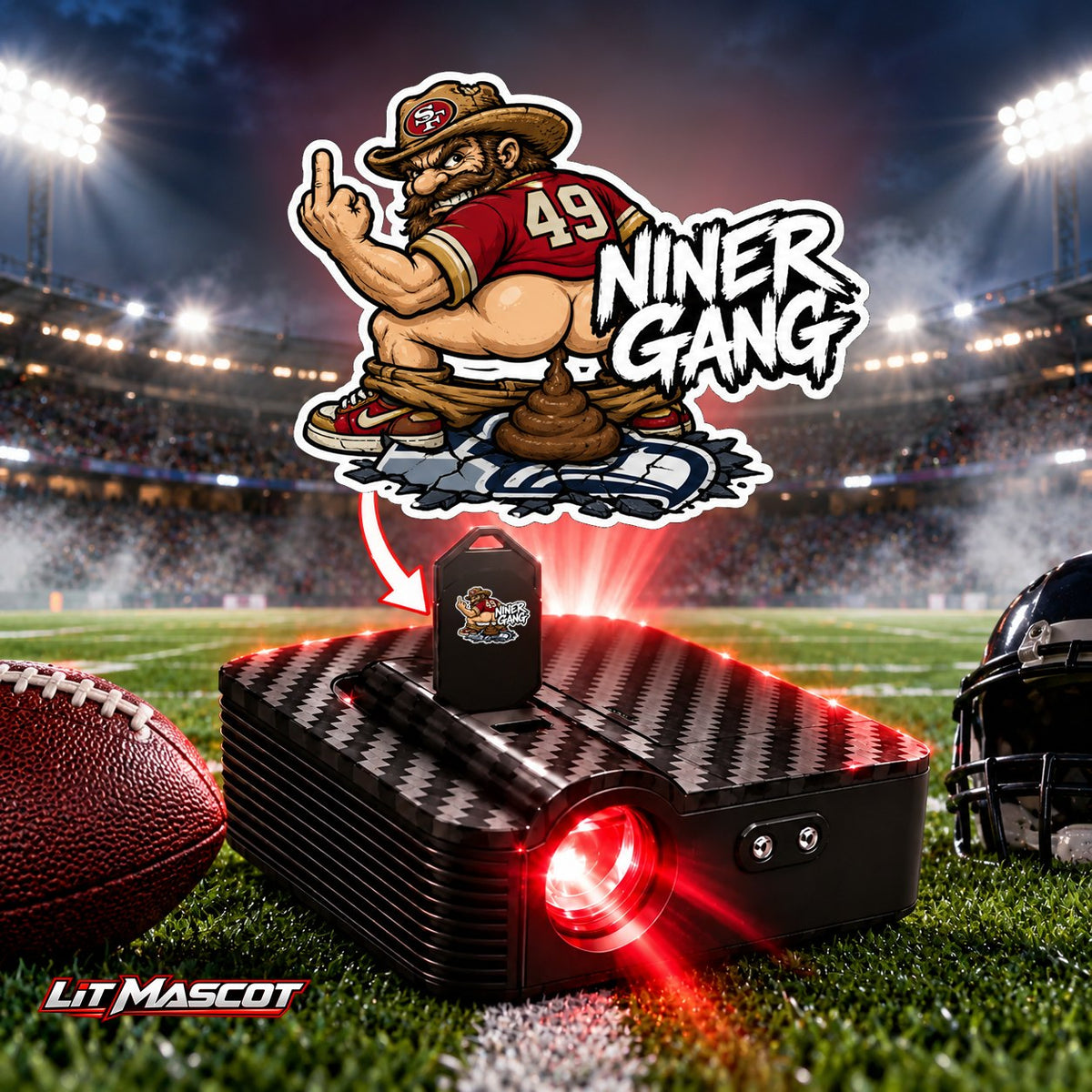Niner Gang mascot projector light - Bombs Away glowing over the Lit Mascot door projector