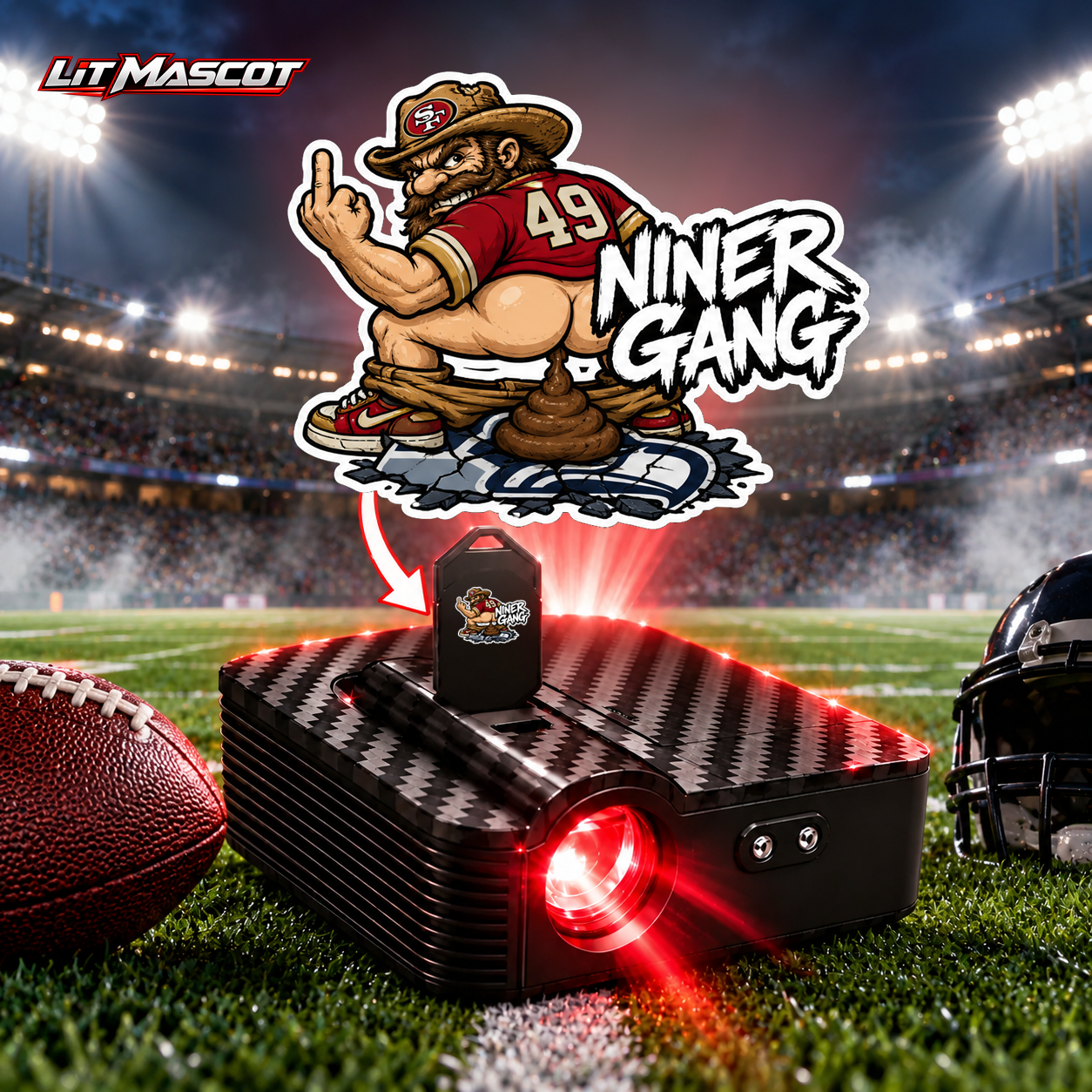 Niner Gang mascot projector light - Bombs Away glowing over the Lit Mascot door projector