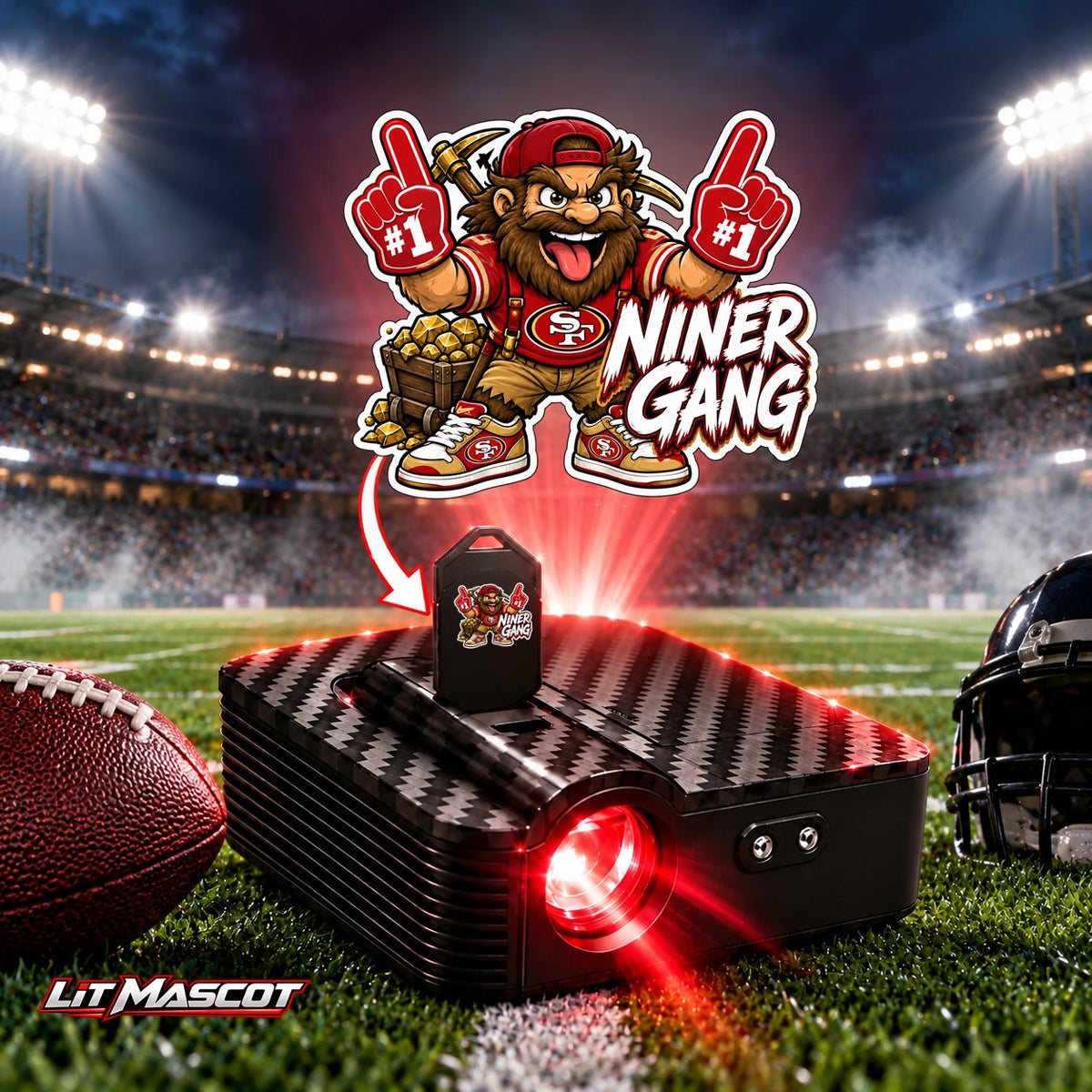 Niner Gang mascot projector light - PG #1 glowing over the Lit Mascot door projector