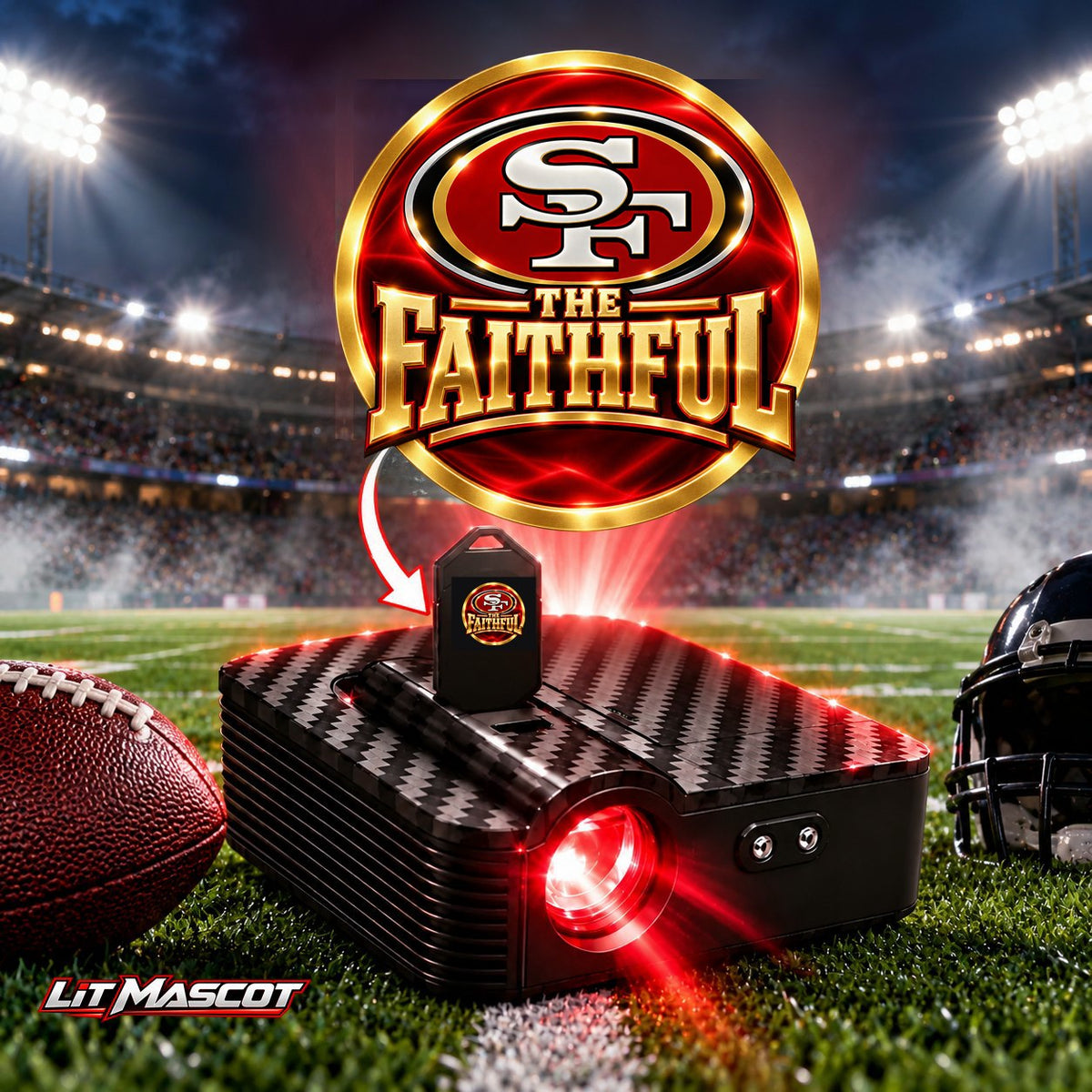 Niner Gang mascot projector light - The Faithful glowing over the Lit Mascot door projector