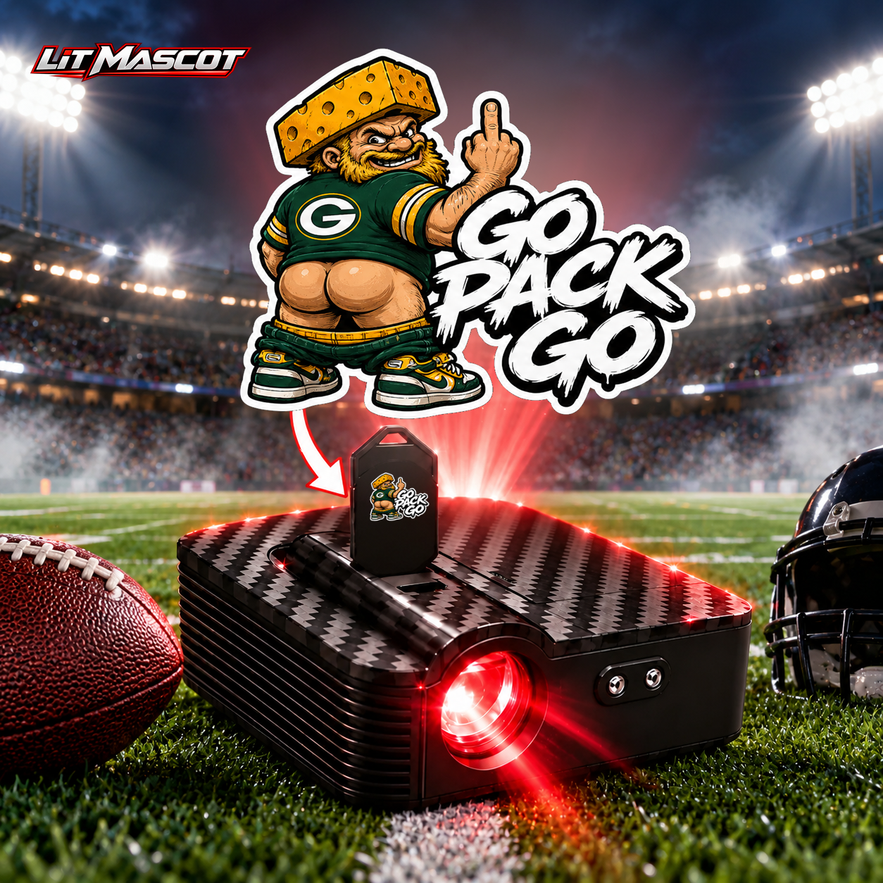 Go Pack Go mascot projector light - Full Moon glowing over the Lit Mascot door projector
