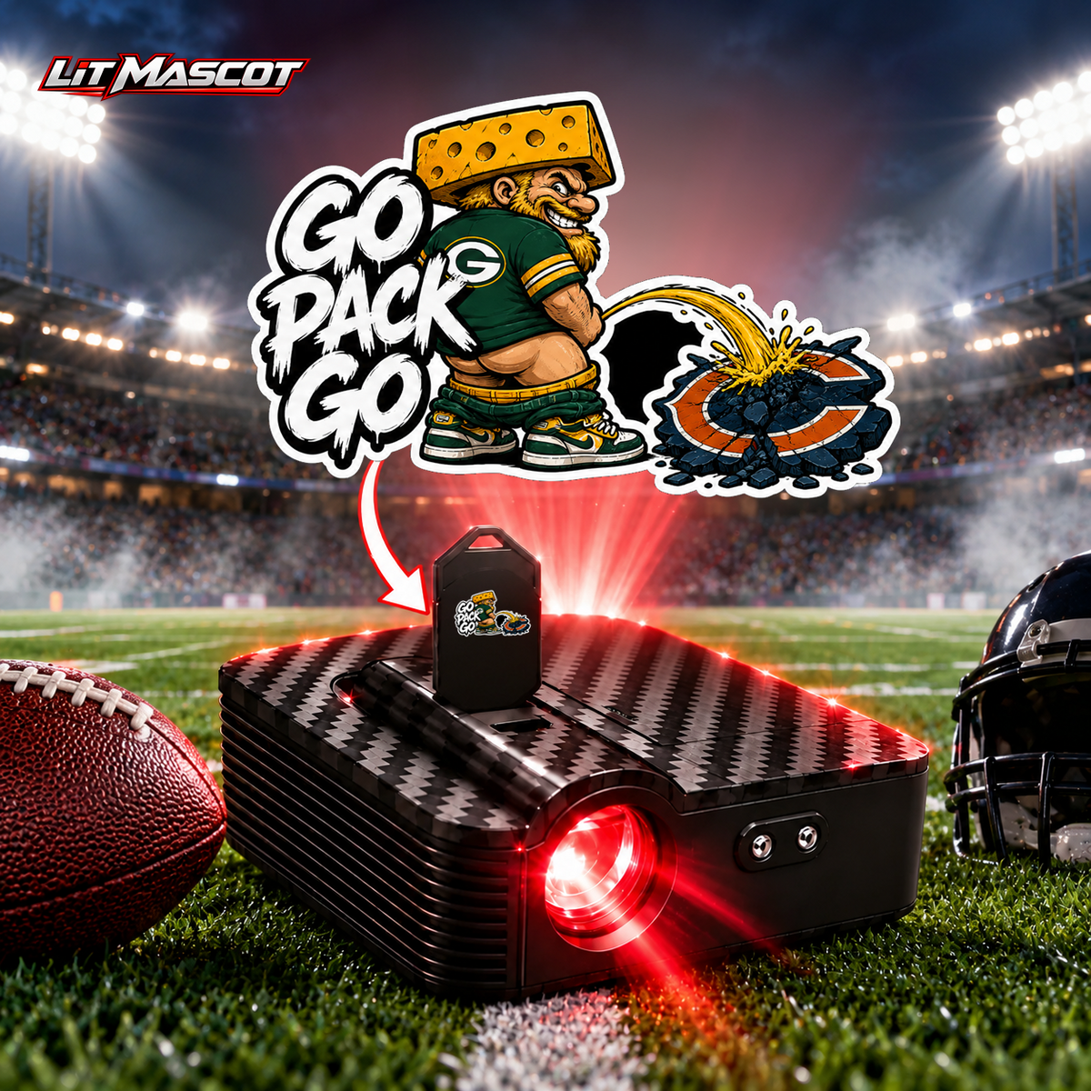 Go Pack Go mascot projector light - Star Shower glowing over the Lit Mascot door projector