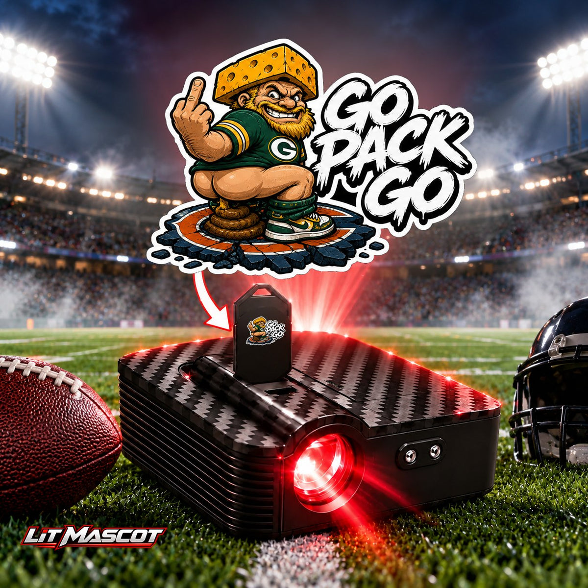Go Pack Go mascot projector light - Bombs Away glowing over the Lit Mascot door projector