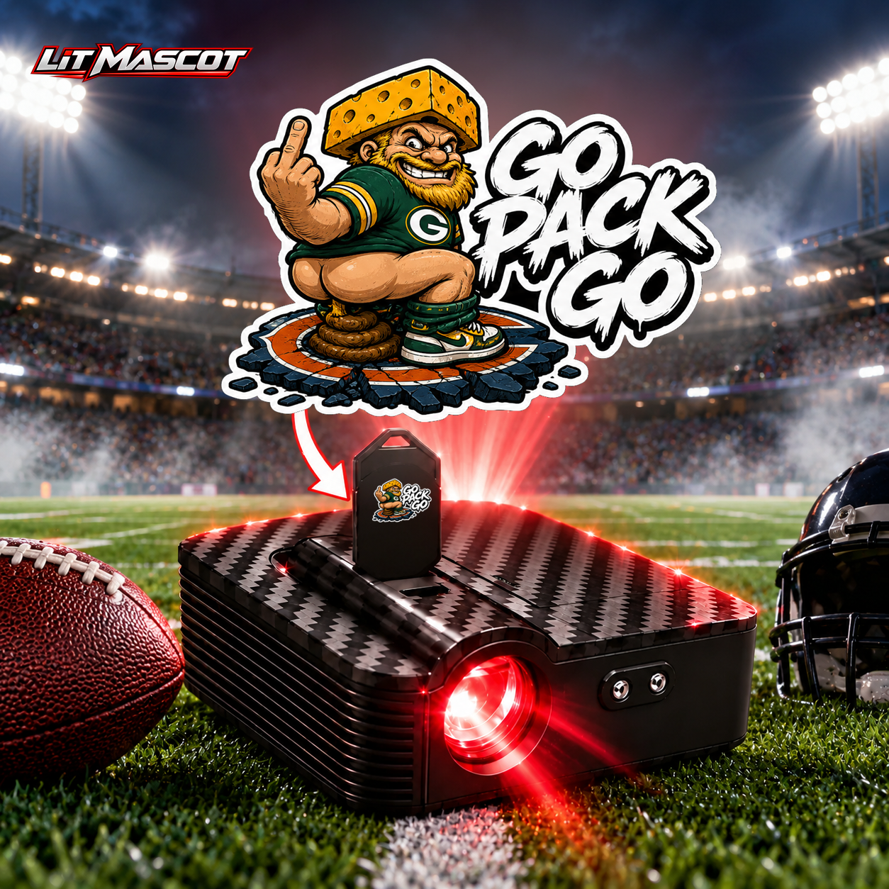 Go Pack Go mascot projector light - Bombs Away glowing over the Lit Mascot door projector