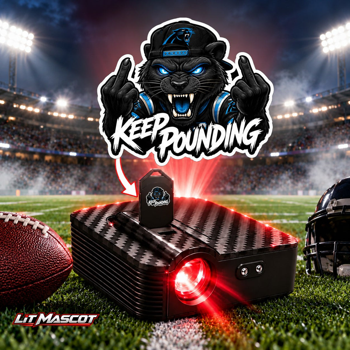 Keep Pounding mascot projector light - Double Birds glowing over the Lit Mascot door projector