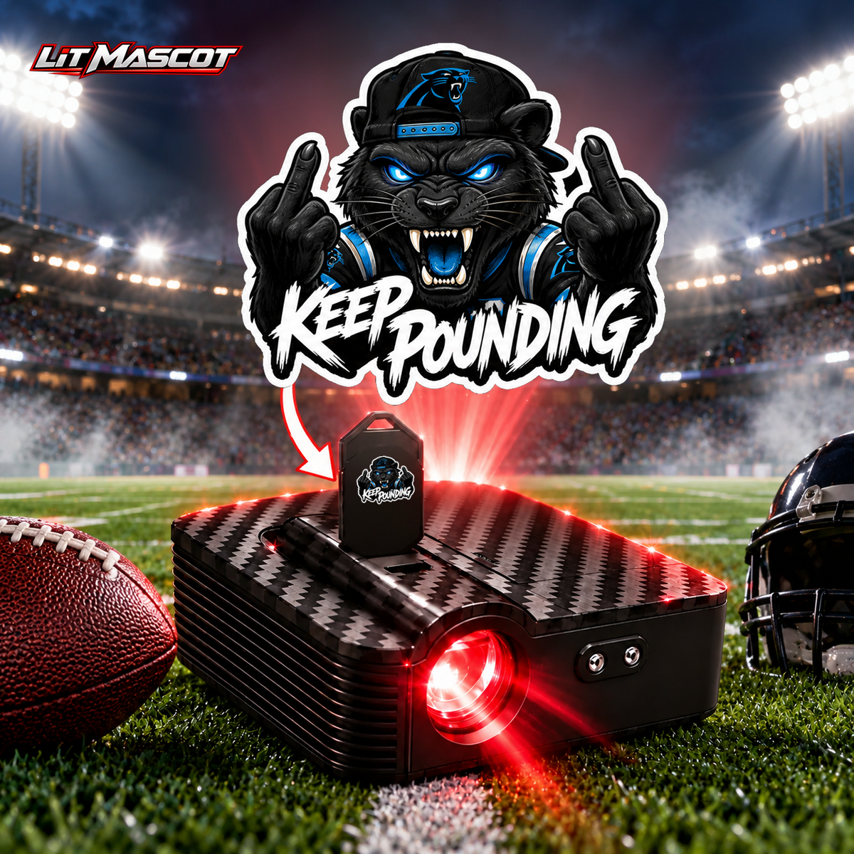 Keep Pounding mascot projector light - Double Birds glowing over the Lit Mascot door projector
