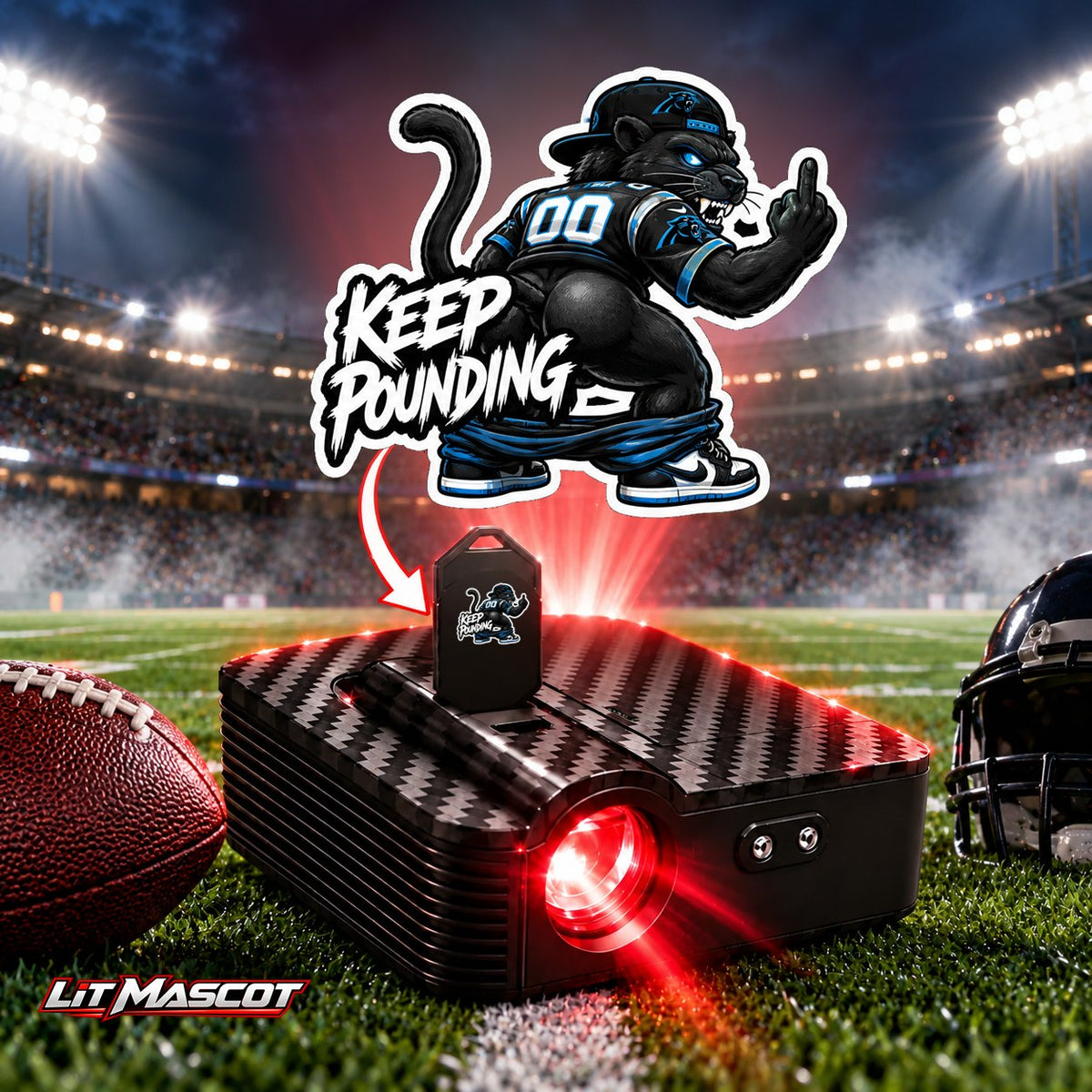 Keep Pounding mascot projector light - Full Moon glowing over the Lit Mascot door projector