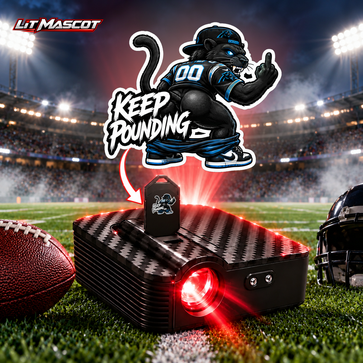 Keep Pounding mascot projector light - Full Moon glowing over the Lit Mascot door projector