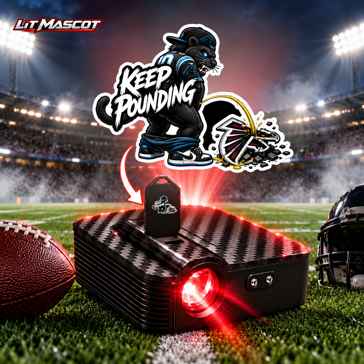 Keep Pounding mascot projector light - Star Shower glowing over the Lit Mascot door projector
