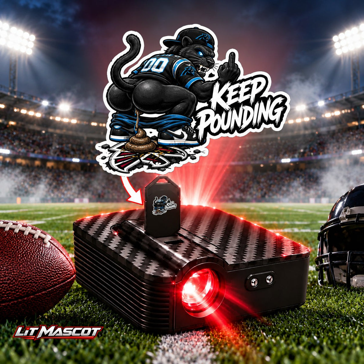 Keep Pounding mascot projector light - Bombs Away glowing over the Lit Mascot door projector