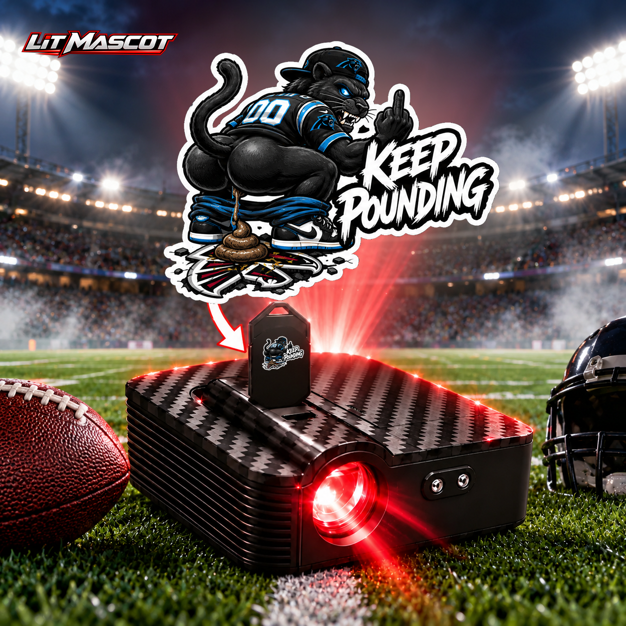Keep Pounding mascot projector light - Bombs Away glowing over the Lit Mascot door projector