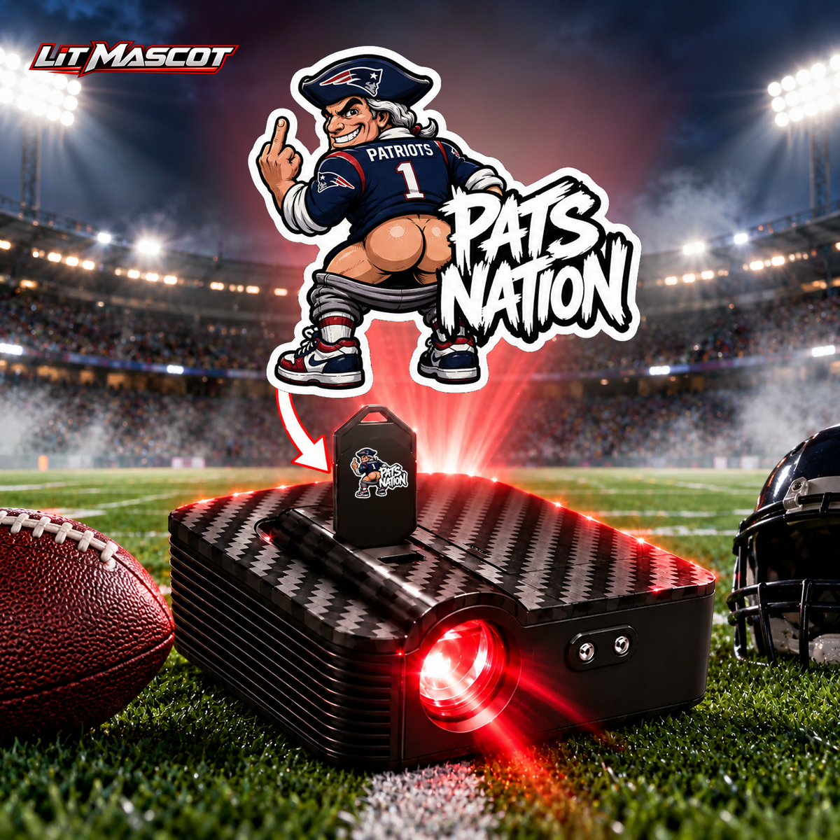Pats Nation mascot projector light - Full Moon glowing over the Lit Mascot door projector