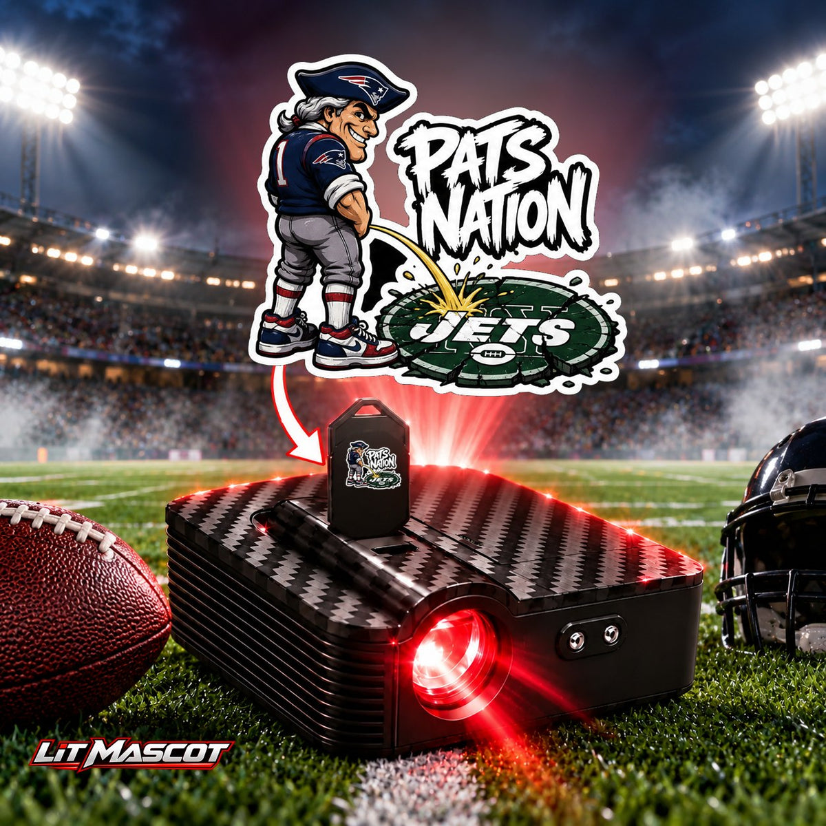 Pats Nation mascot projector light - Star Shower glowing over the Lit Mascot door projector