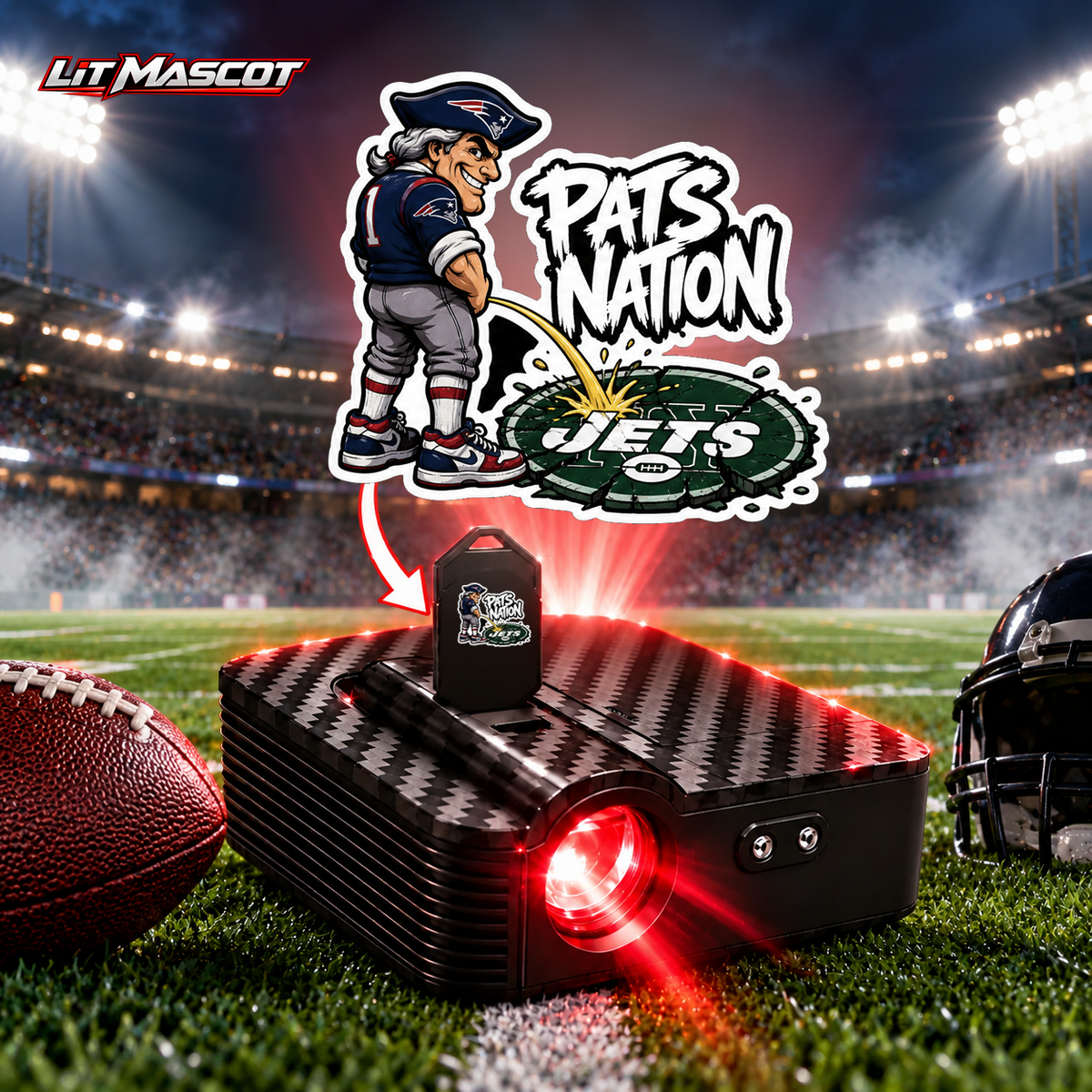 Pats Nation mascot projector light - Star Shower glowing over the Lit Mascot door projector