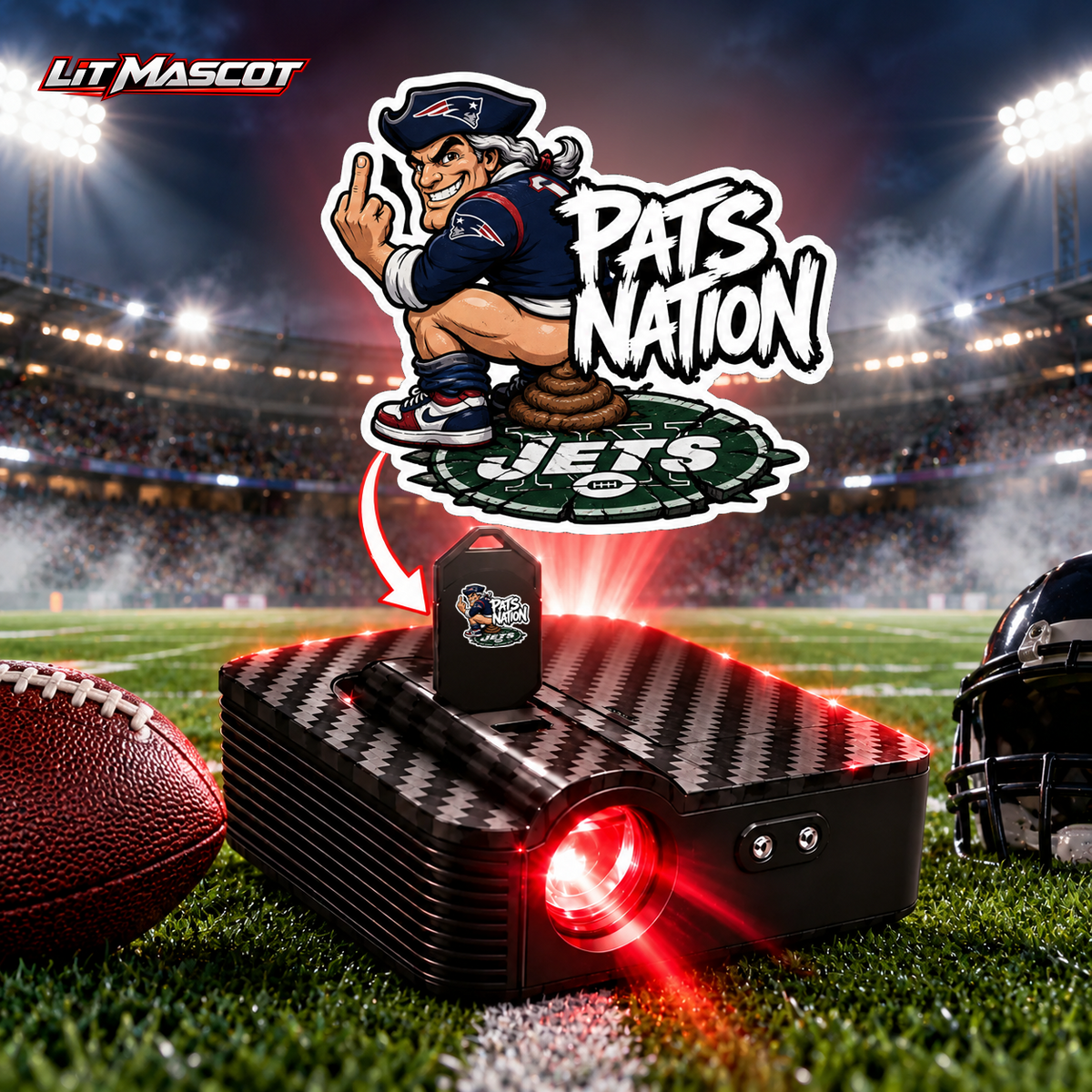 Pats Nation mascot projector light - Bombs Away glowing over the Lit Mascot door projector