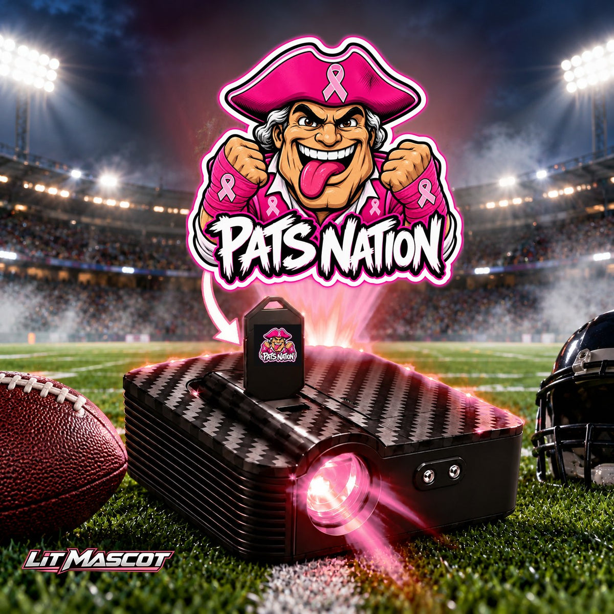 Pats Nation mascot projector light - Pink Fighter glowing over the Lit Mascot door projector