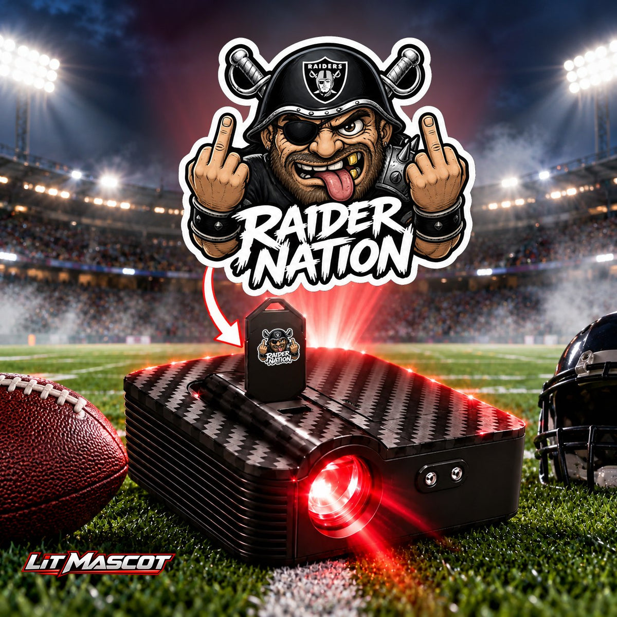 Raider Nation mascot projector light - Double Birds glowing over the Lit Mascot door projector