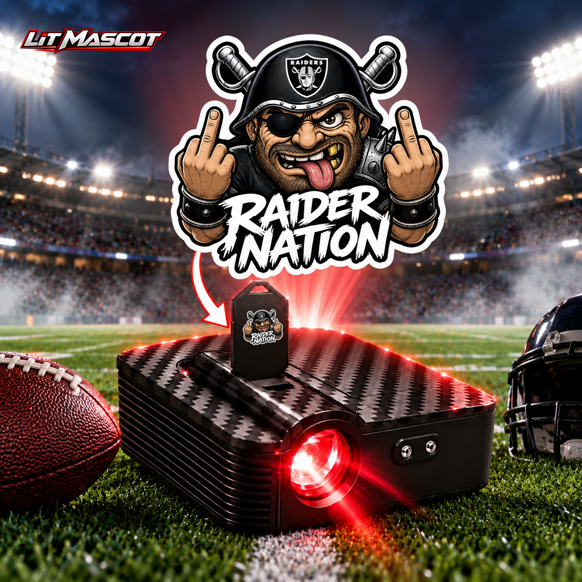 Raider Nation mascot projector light - Double Birds glowing over the Lit Mascot door projector