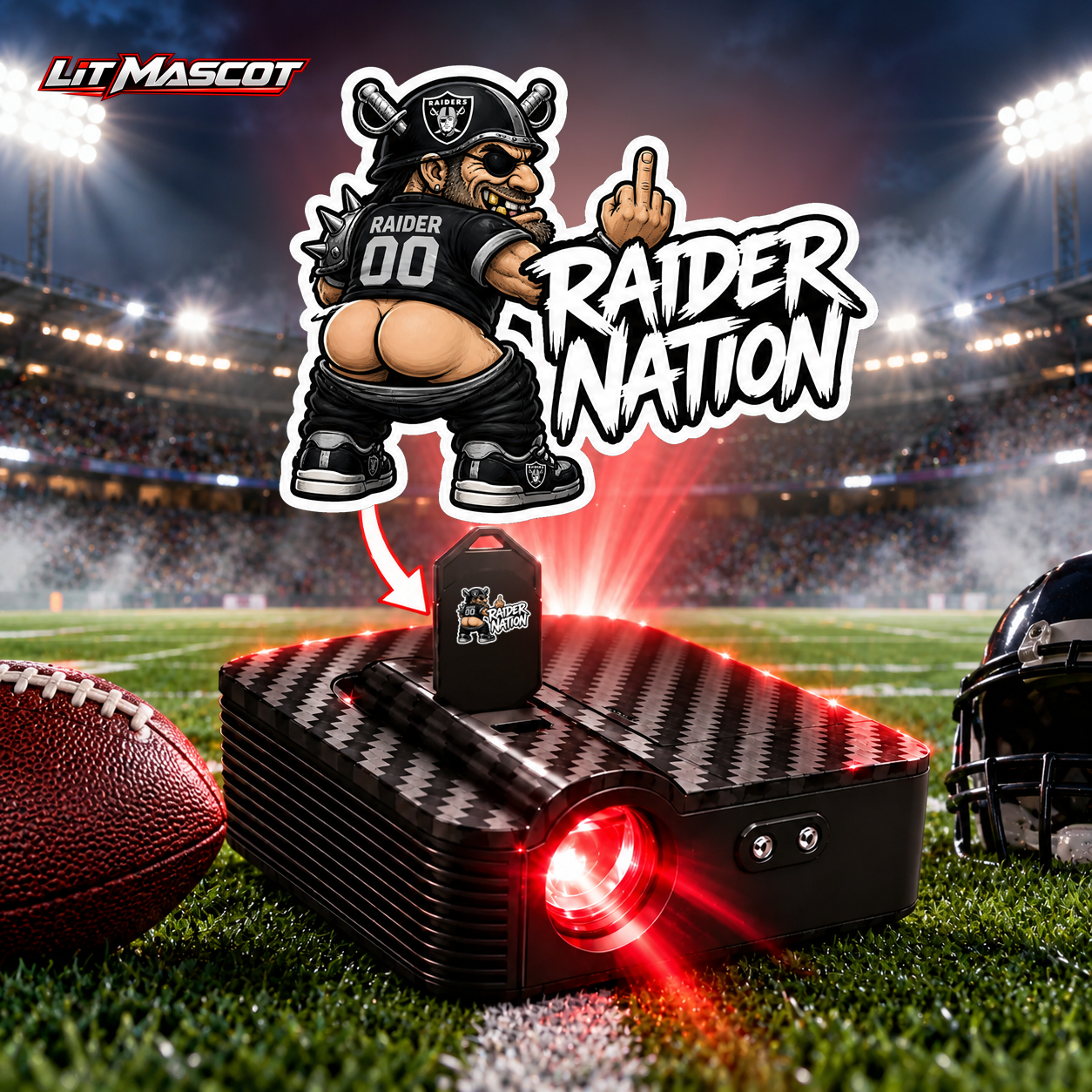 Raider Nation mascot projector light - Full Moon glowing over the Lit Mascot door projector