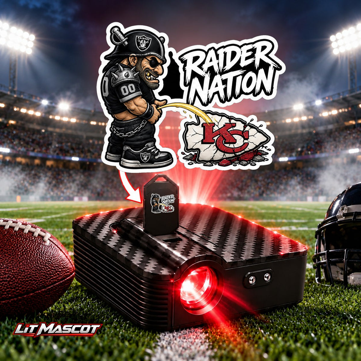 Raider Nation mascot projector light - Star Shower glowing over the Lit Mascot door projector