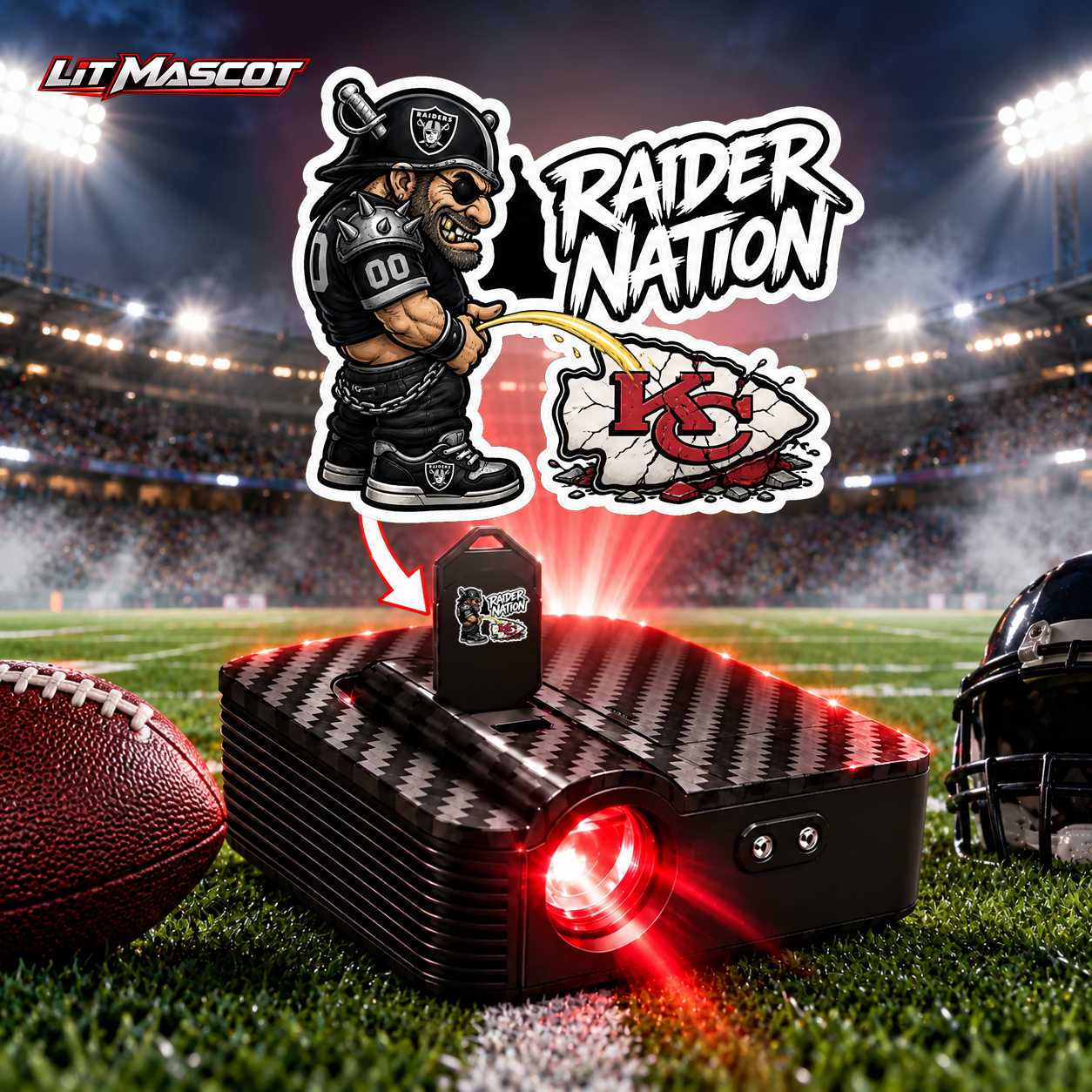 Raider Nation mascot projector light - Star Shower glowing over the Lit Mascot door projector