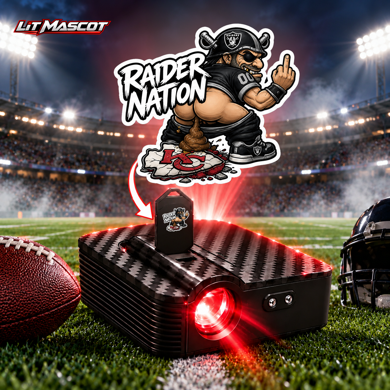 Raider Nation mascot projector light - Bombs Away glowing over the Lit Mascot door projector