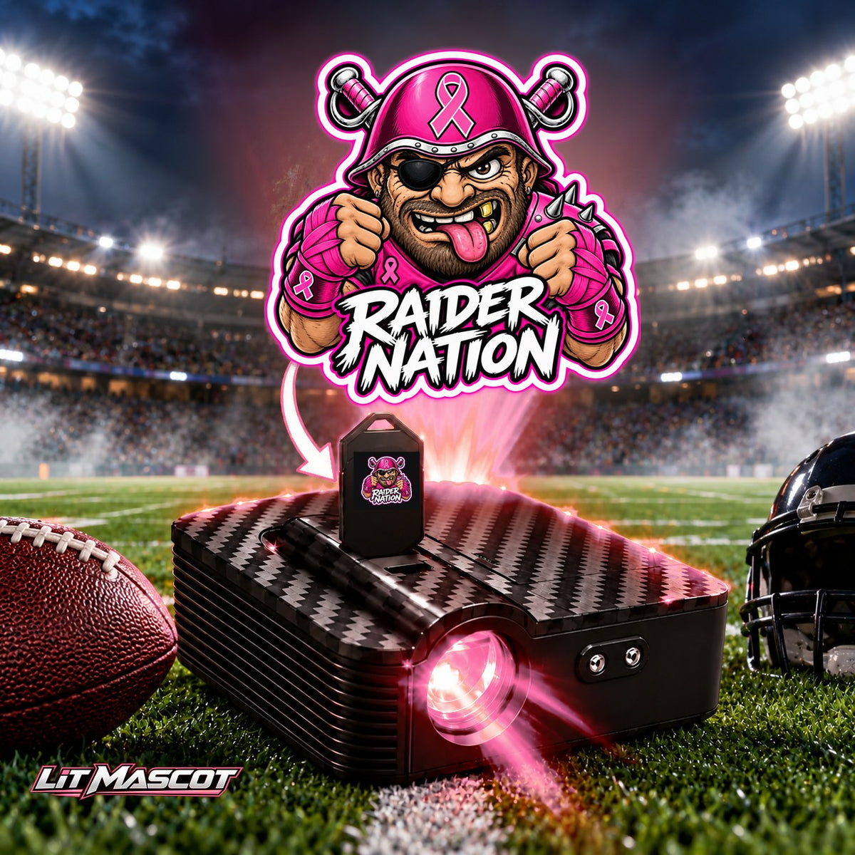 Raider Nation mascot projector light - Pink Fighter glowing over the Lit Mascot door projector