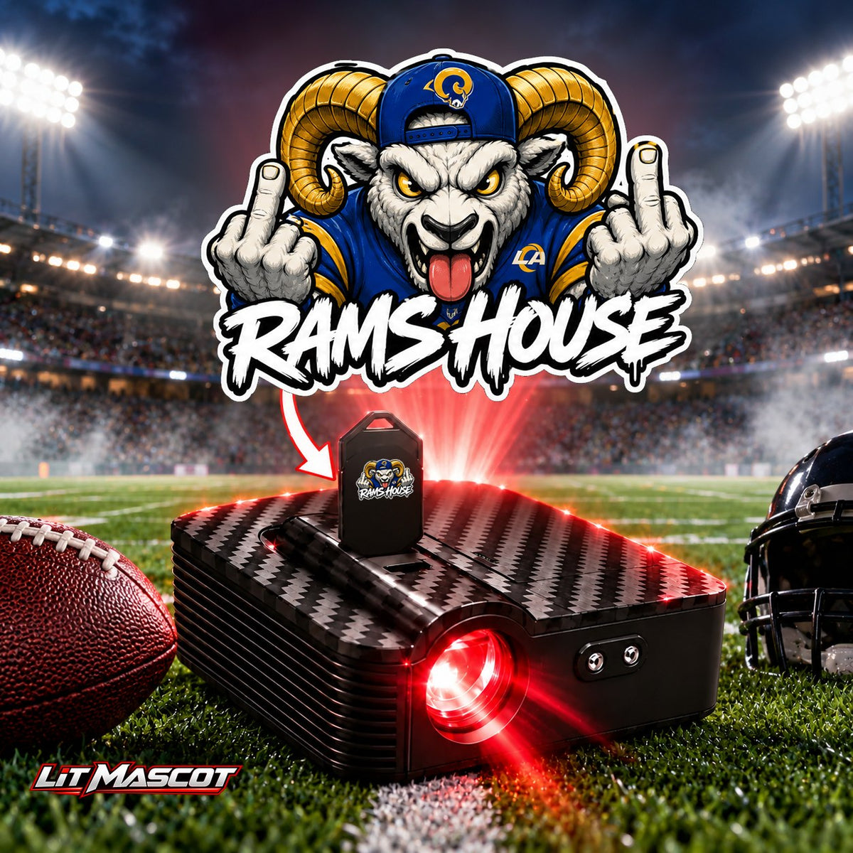 Rams House mascot projector light - Double Birds glowing over the Lit Mascot door projector
