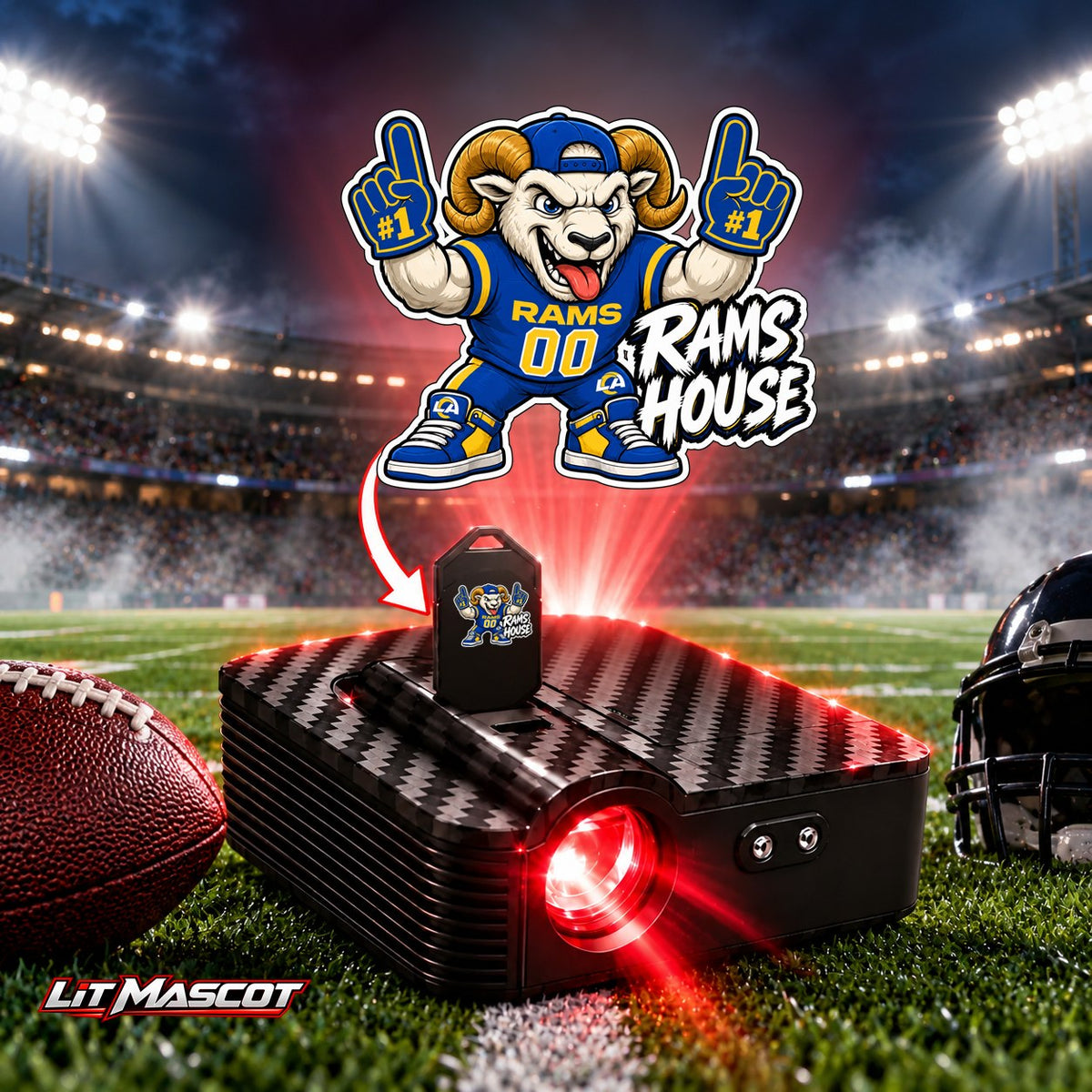 Rams House mascot projector light - PG #1 glowing over the Lit Mascot door projector